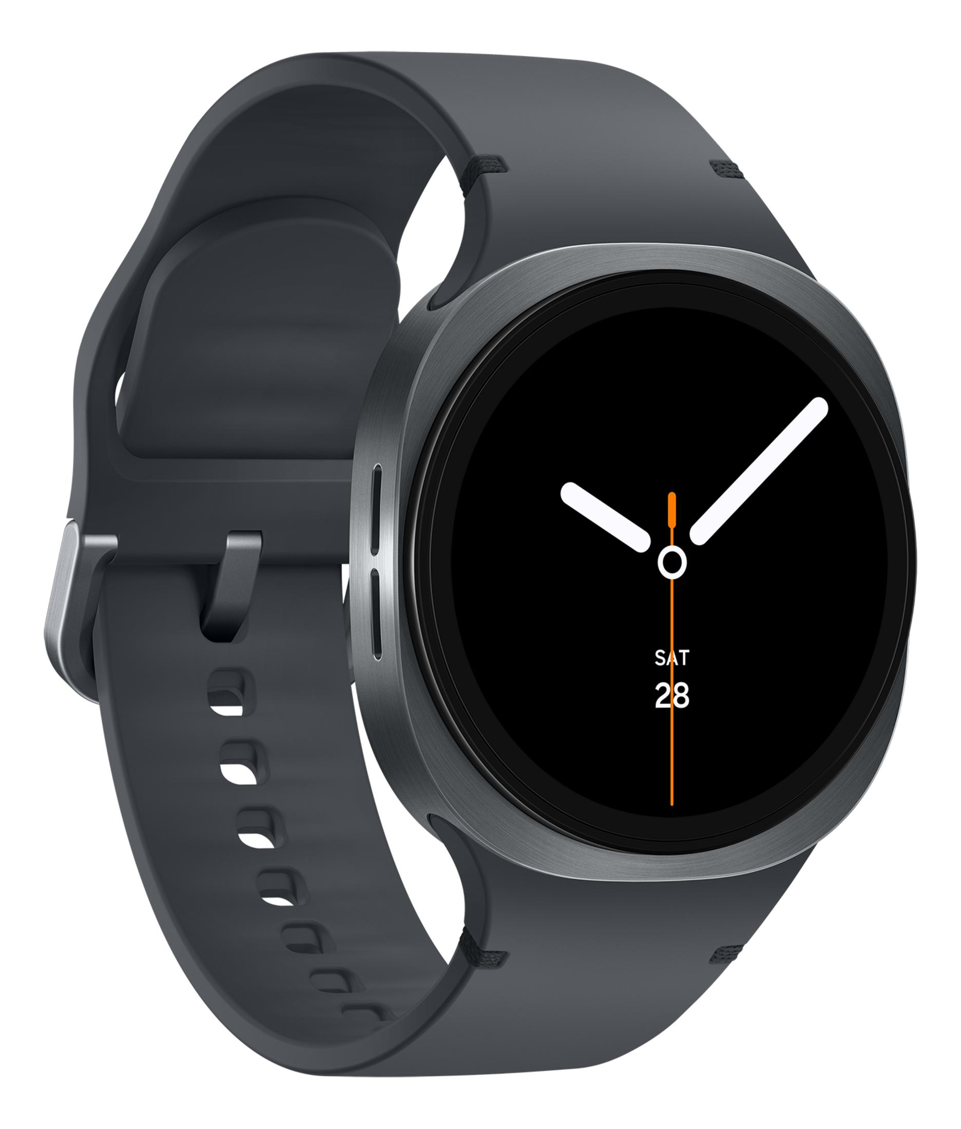 Szary smartwatch z czarną tarczą i białymi wskazówkami.