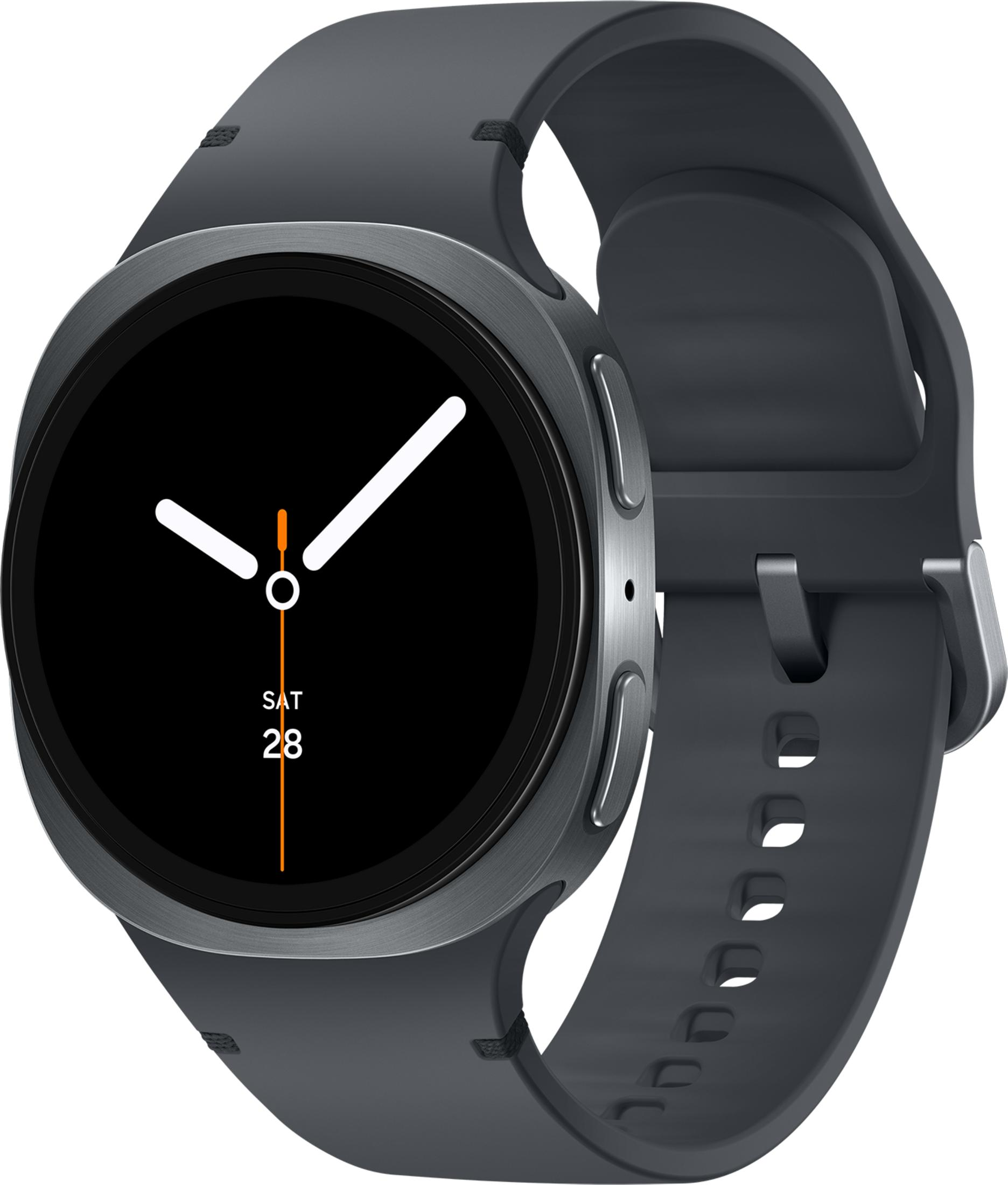 Ciemnoszary smartwatch z czarnym ekranem, białymi wskazówkami i datą.