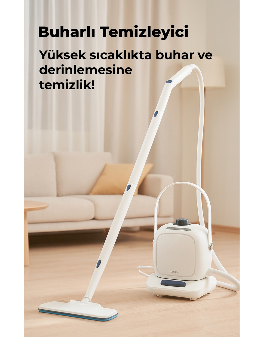 Ahşap zeminde duran, paspas saplı ve su tanklı beyaz buharlı temizleyici.