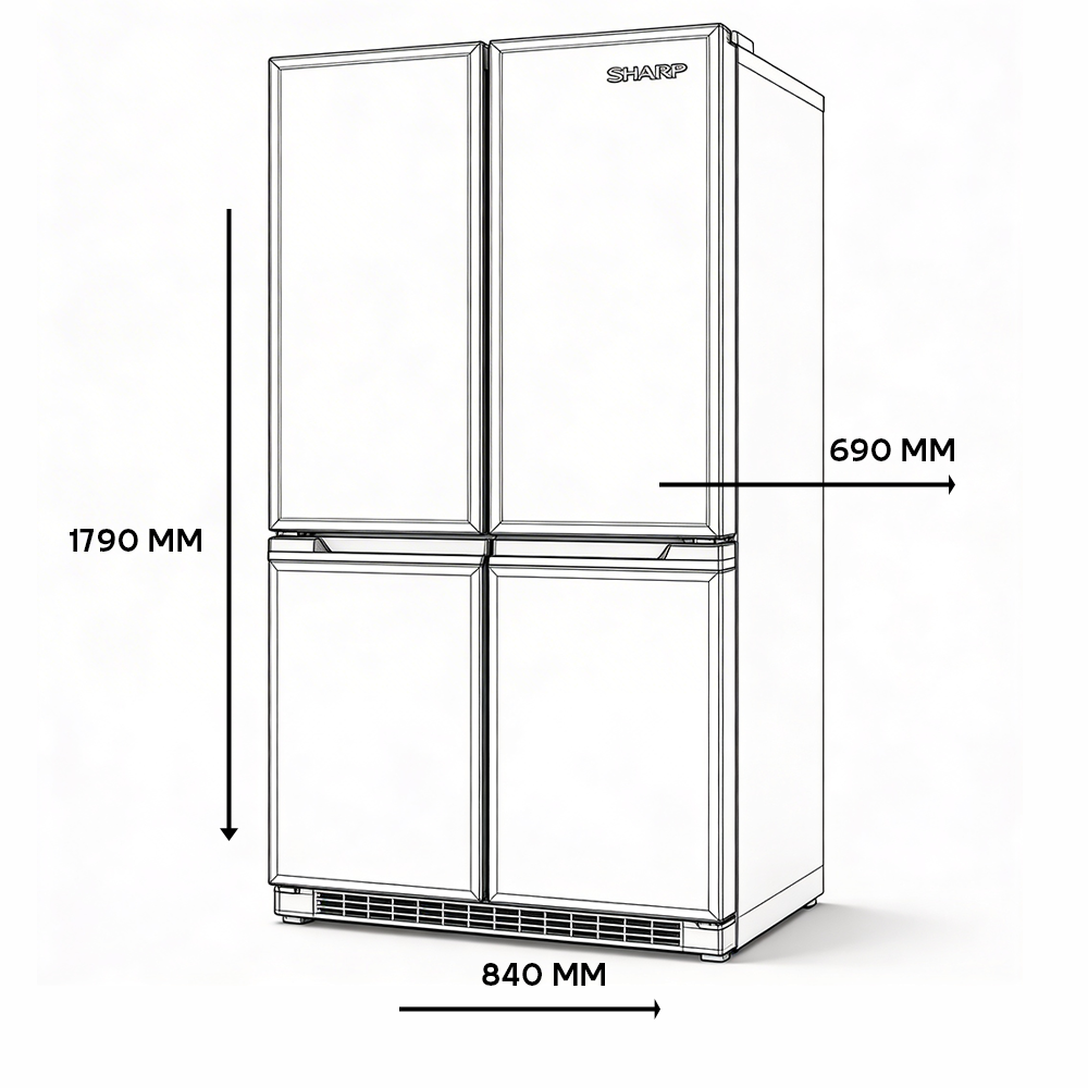 Four-door Sharp refrigerator, height 1790 mm, width 840 mm, depth 690 mm.