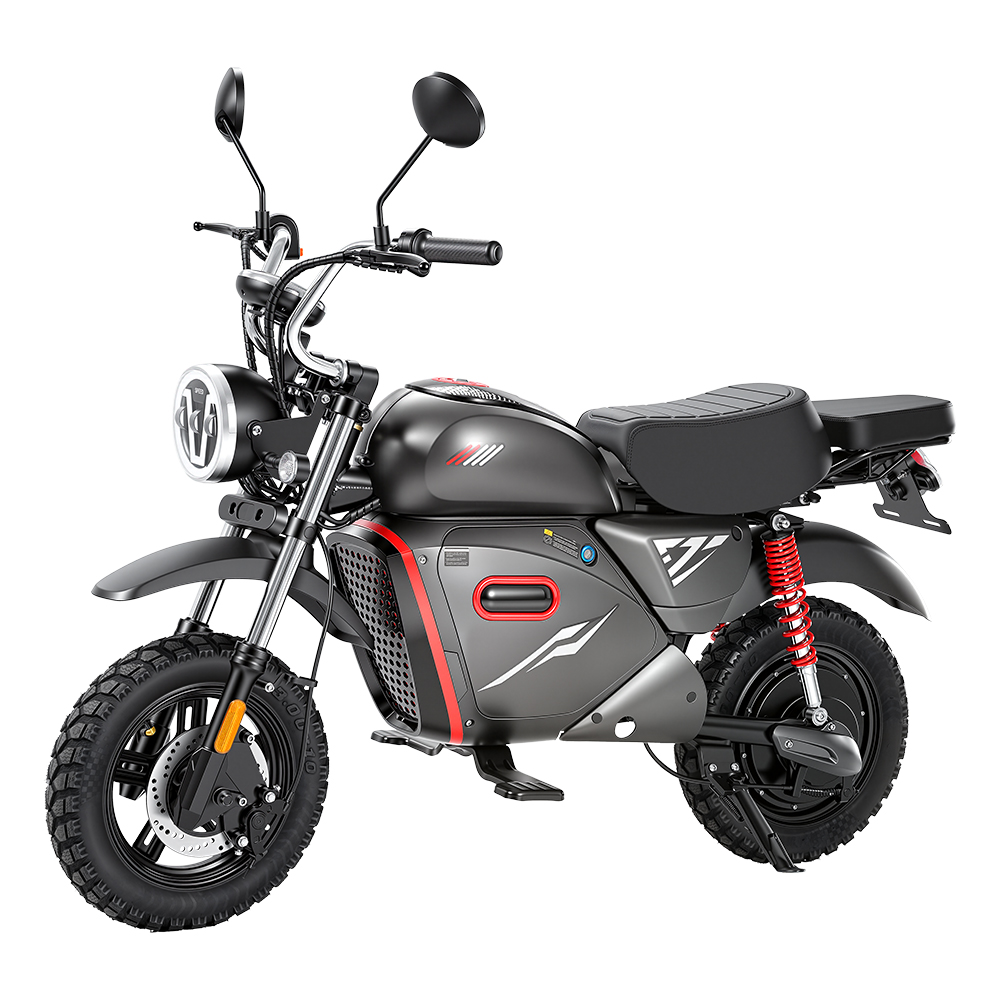 Una moto elettrica grigia con accenti rossi e pneumatici larghi.
