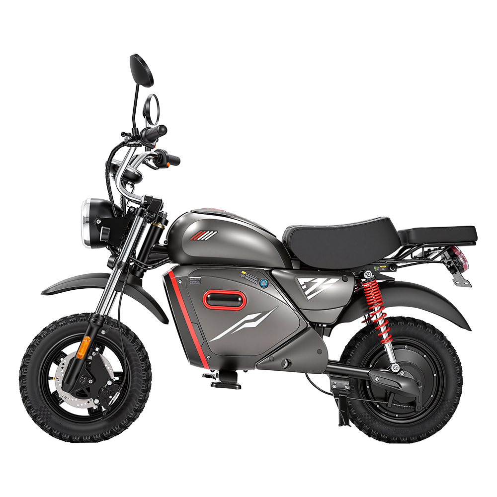 Motocicletta elettrica grigia con accenti rossi, sella nera e ammortizzatori rossi.