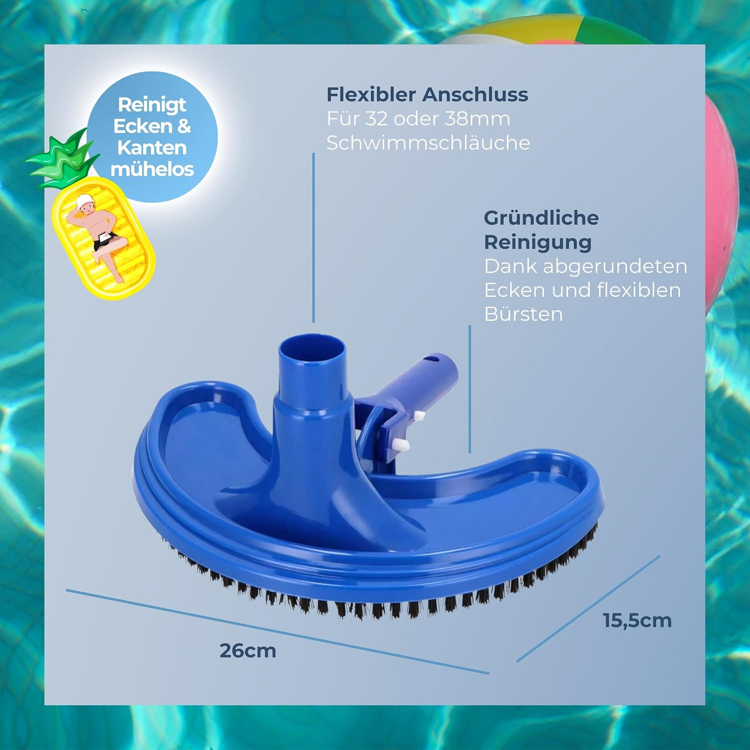 Blauer Pool-Sauger mit Bürsten, 26x15,5cm, für 32/38mm Schläuche.