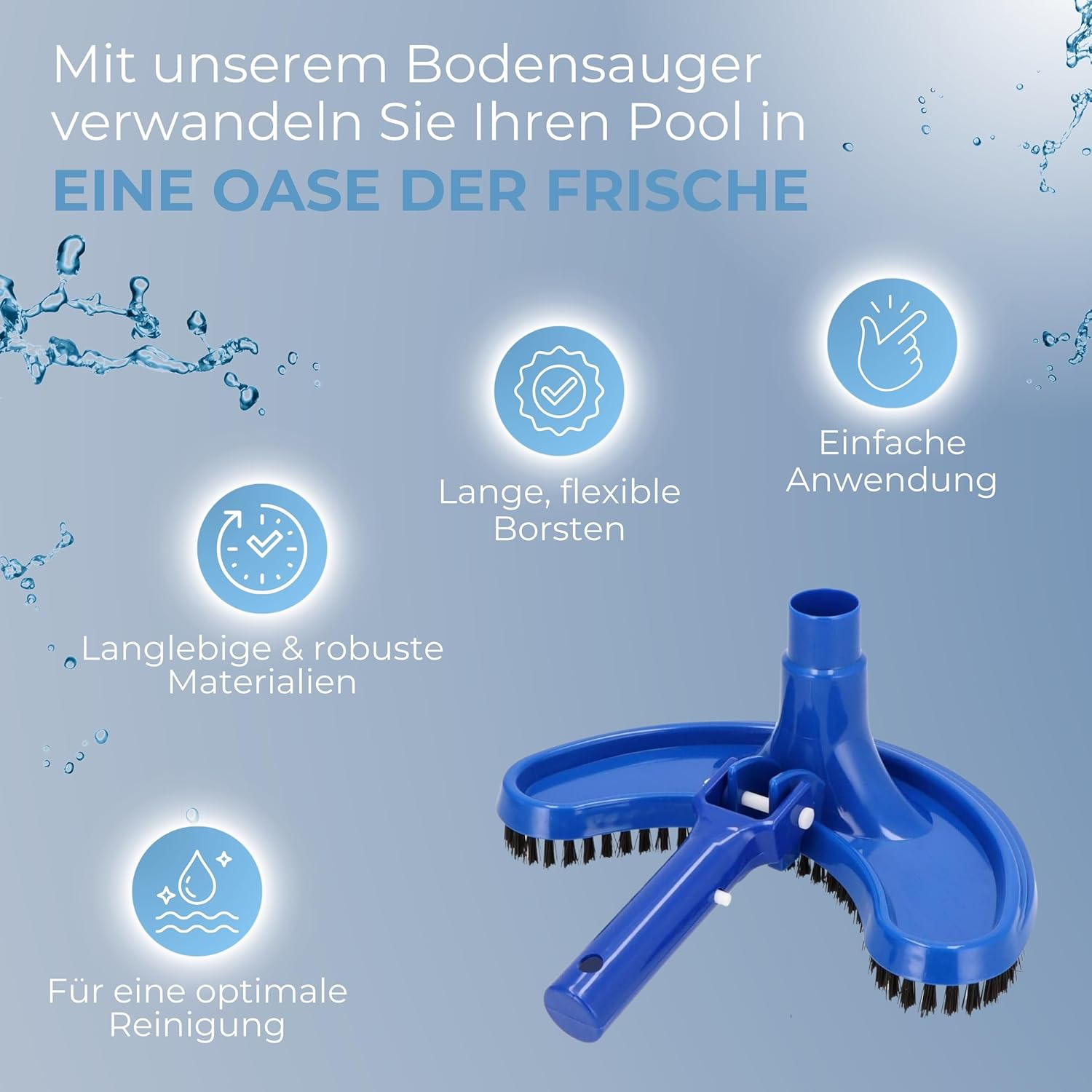 Ein blauer Pool-Bodenreiniger mit Borsten, der Langlebigkeit und einfache Anwendung bewirbt.