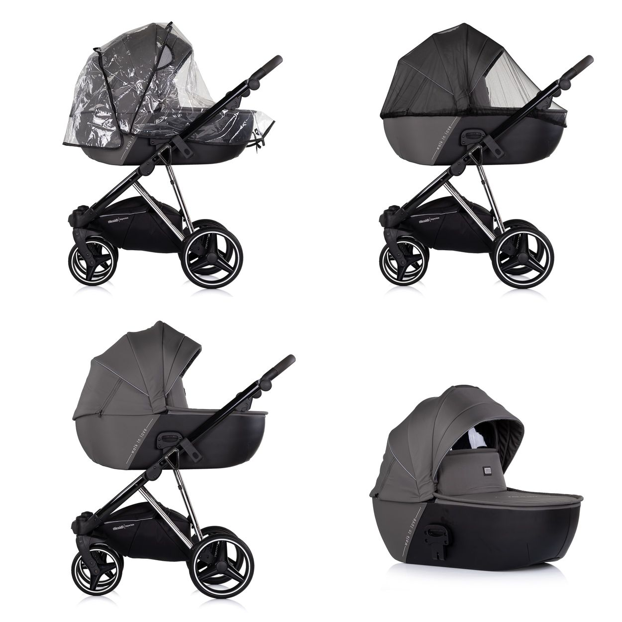 Ein grauer Kinderwagen mit Verdeck und Regenverdeck, auf weißem Hintergrund.