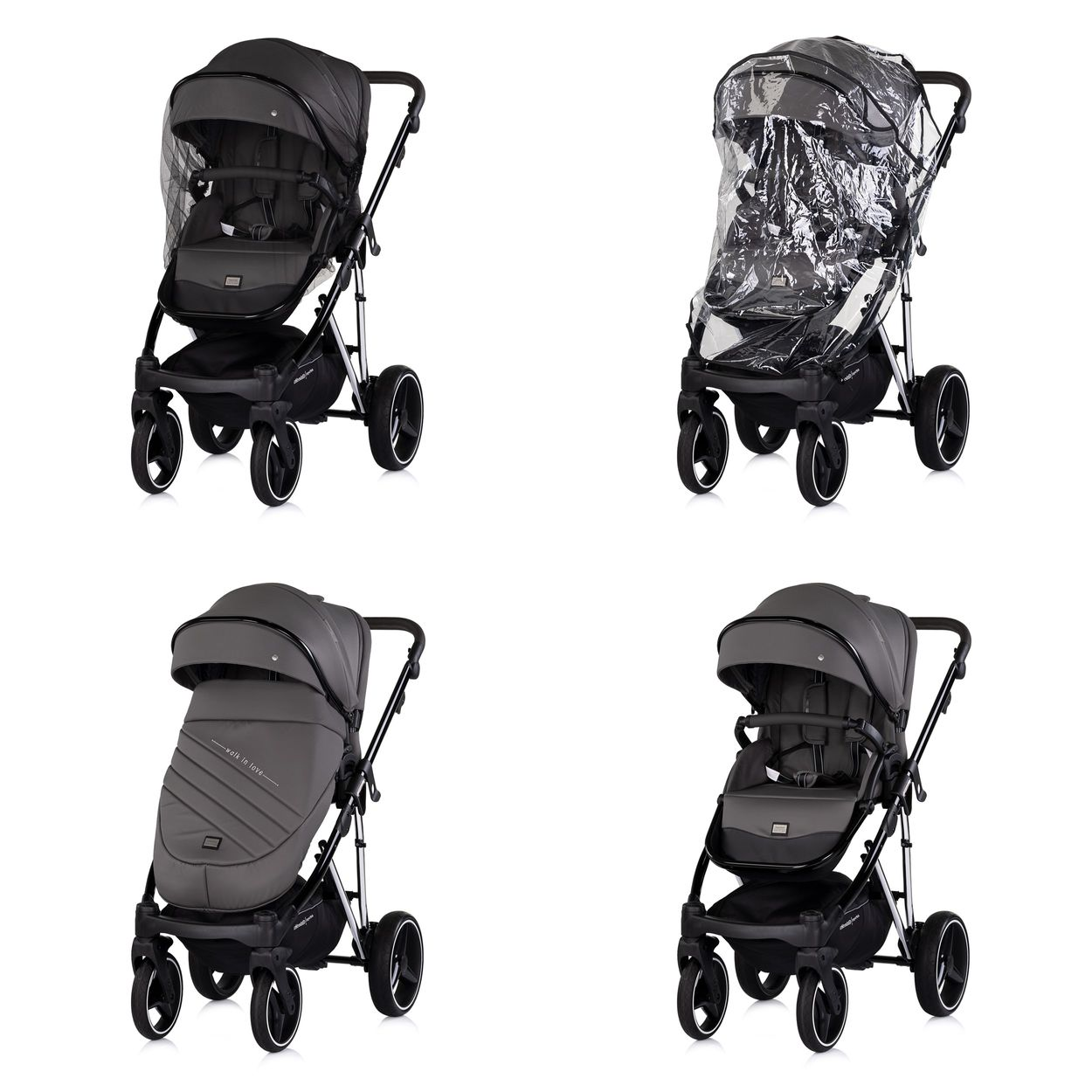 Vier graue Kinderwagen nebeneinander auf weißem Hintergrund.