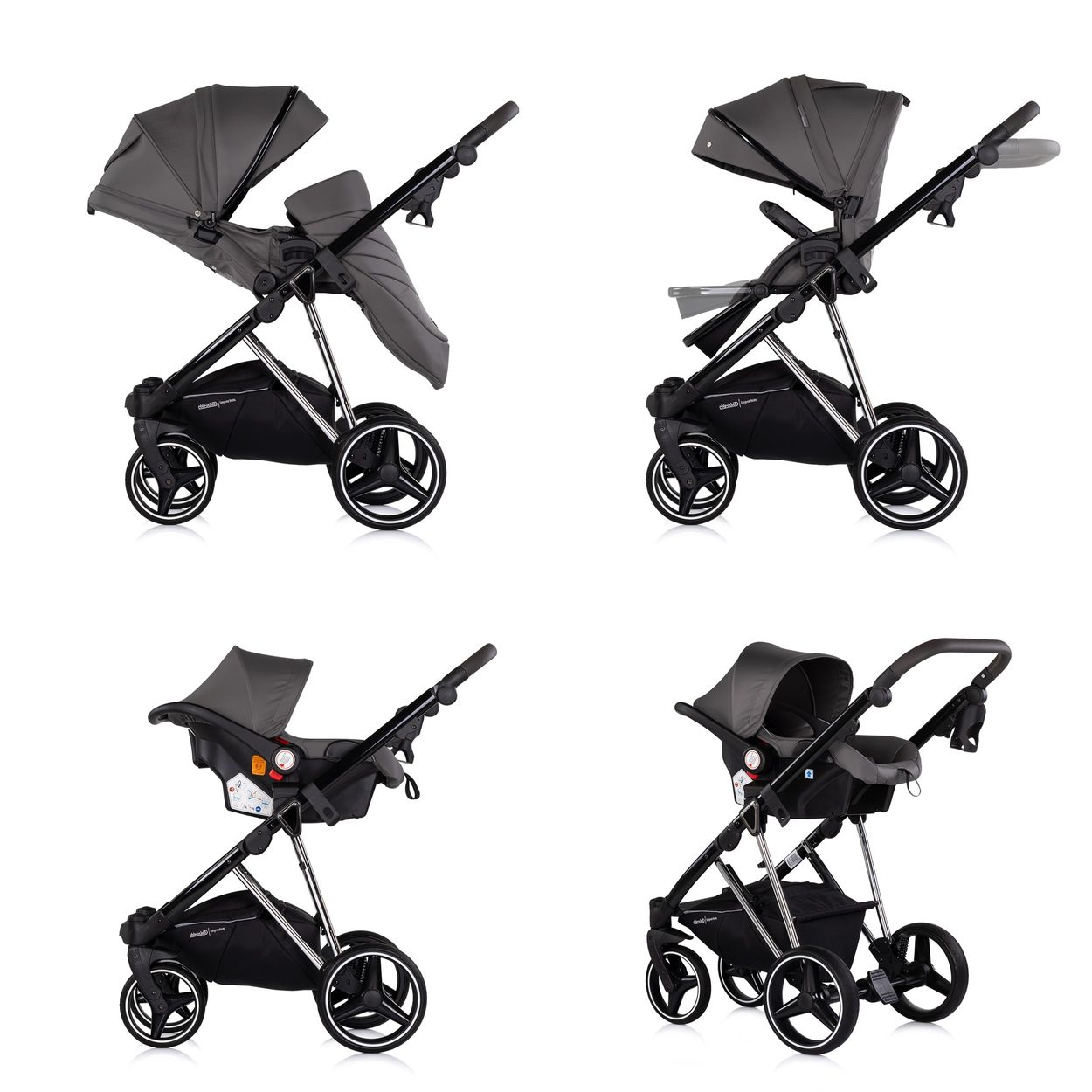 Vier Ansichten eines grauen Kinderwagens mit Babytrage und Zubehör.