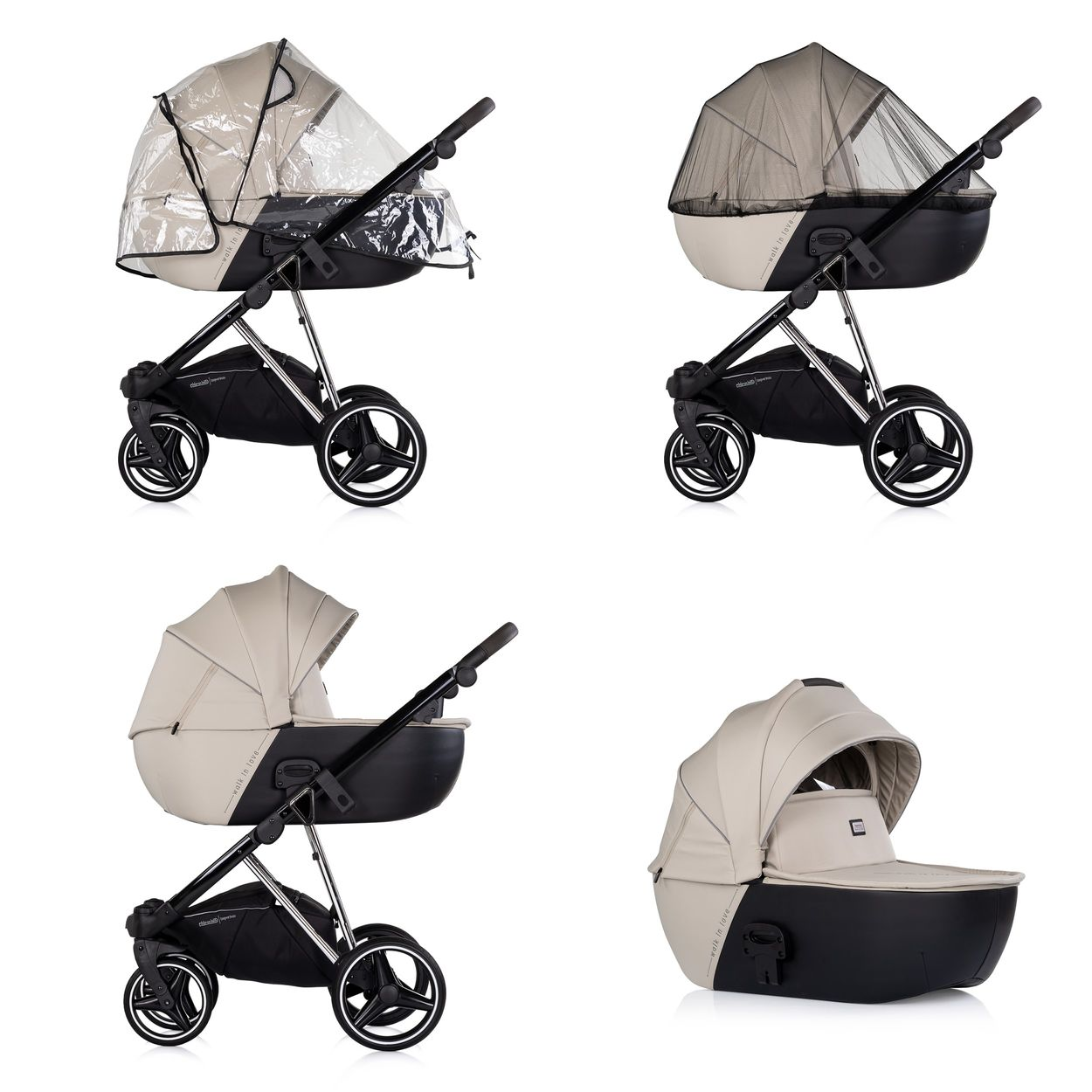 Ein Kinderwagen mit Verdeck, Regen- und Moskitoschutz.