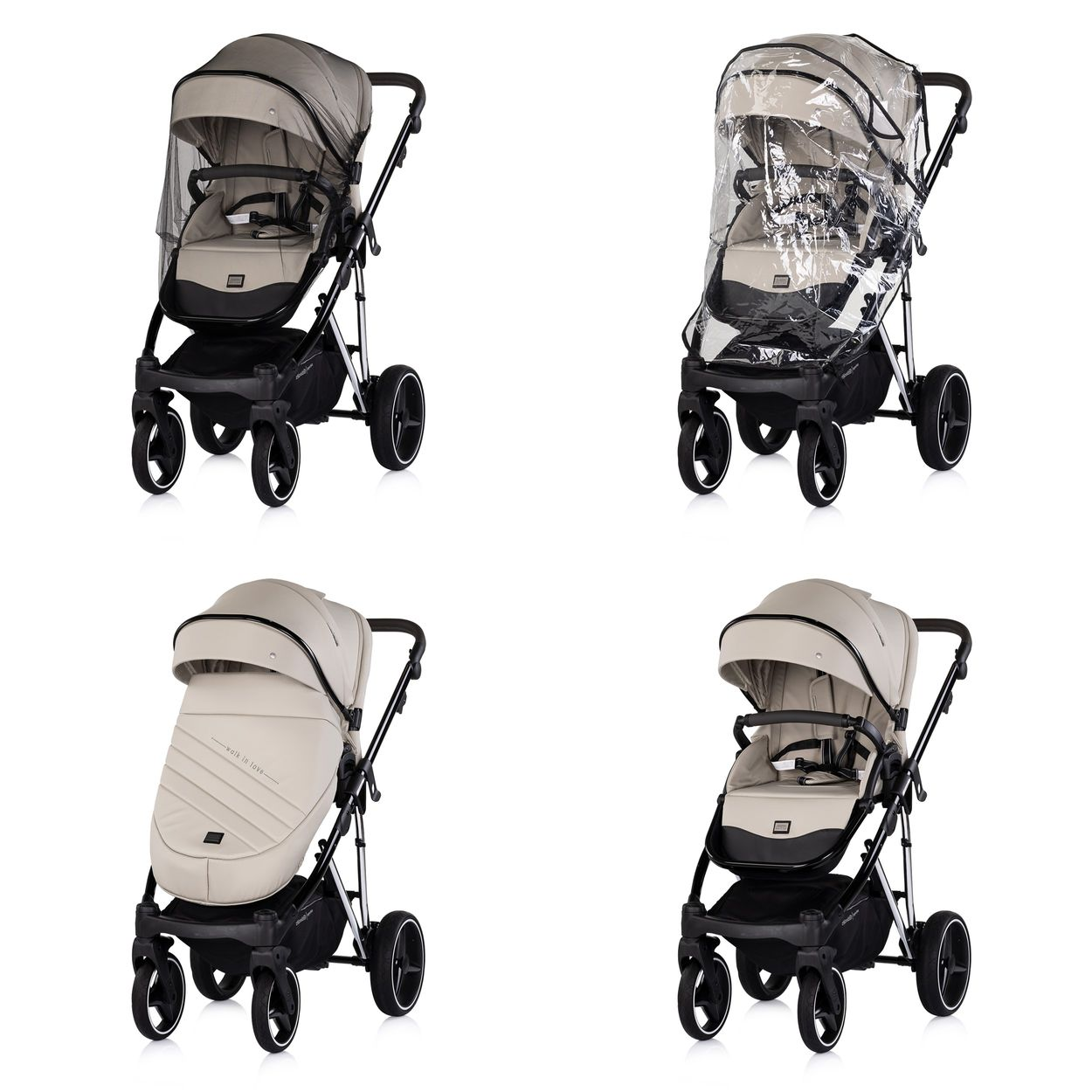 Ein Kinderwagen mit Moskitonetz und verstellbarer Rückenlehne.