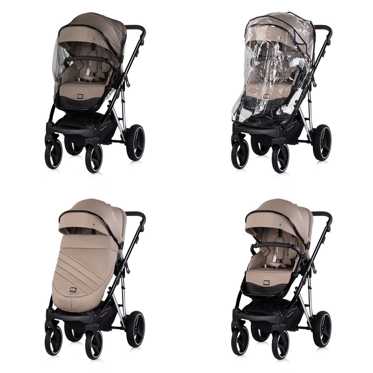 Vier Kinderwagen-Ansichten: mit Netz, Regenverdeck, Fußsack und offen.