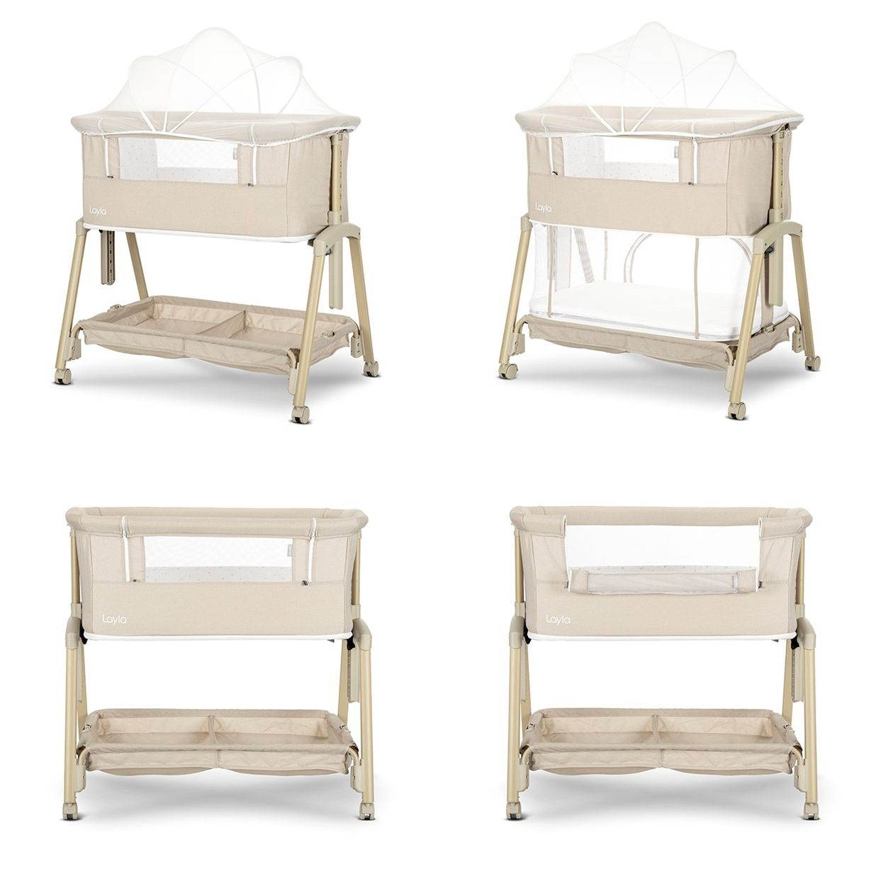 Beige Babywiege mit Netz und Aufbewahrungstasche, vier Ansichten.
