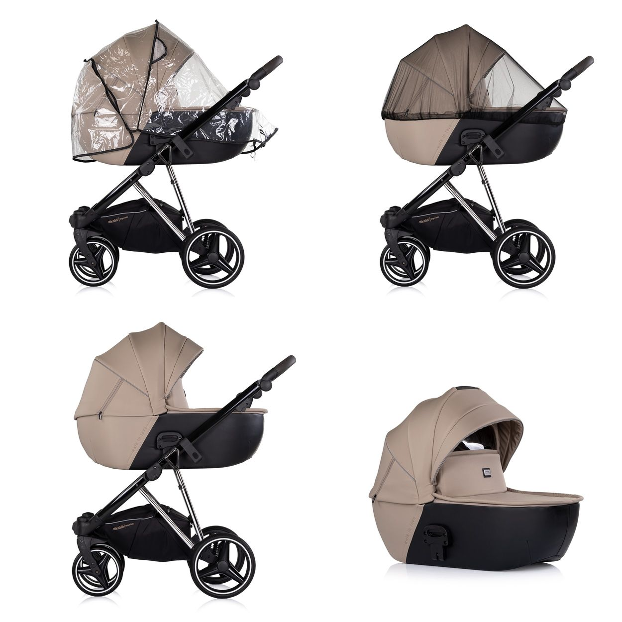 Ein Kinderwagen mit beige Haube und schwarzem Gestell, mit und ohne Zubehör.