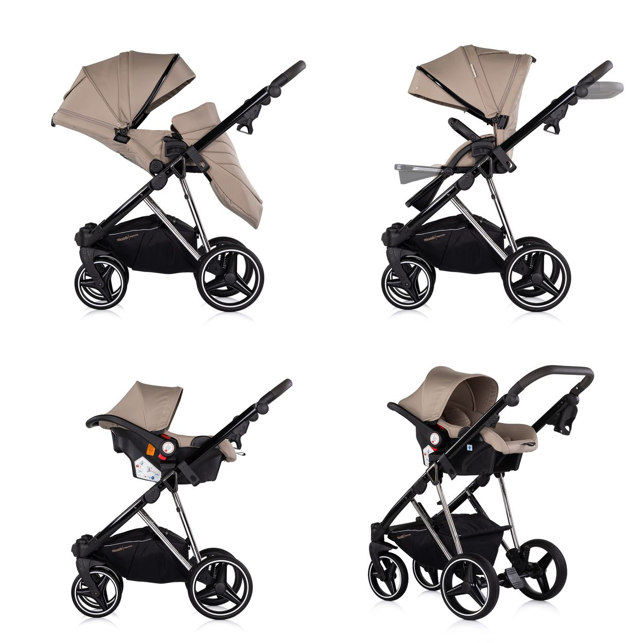 Ein beiger Kinderwagen mit schwarzem Gestell und Zubehör.