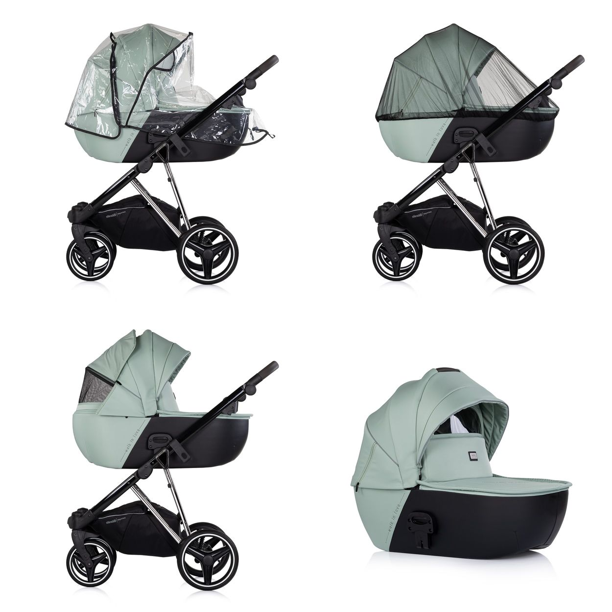 Ein Kinderwagen mit Zubehör: Regenverdeck, Moskitonetz, und zwei Ansichten.