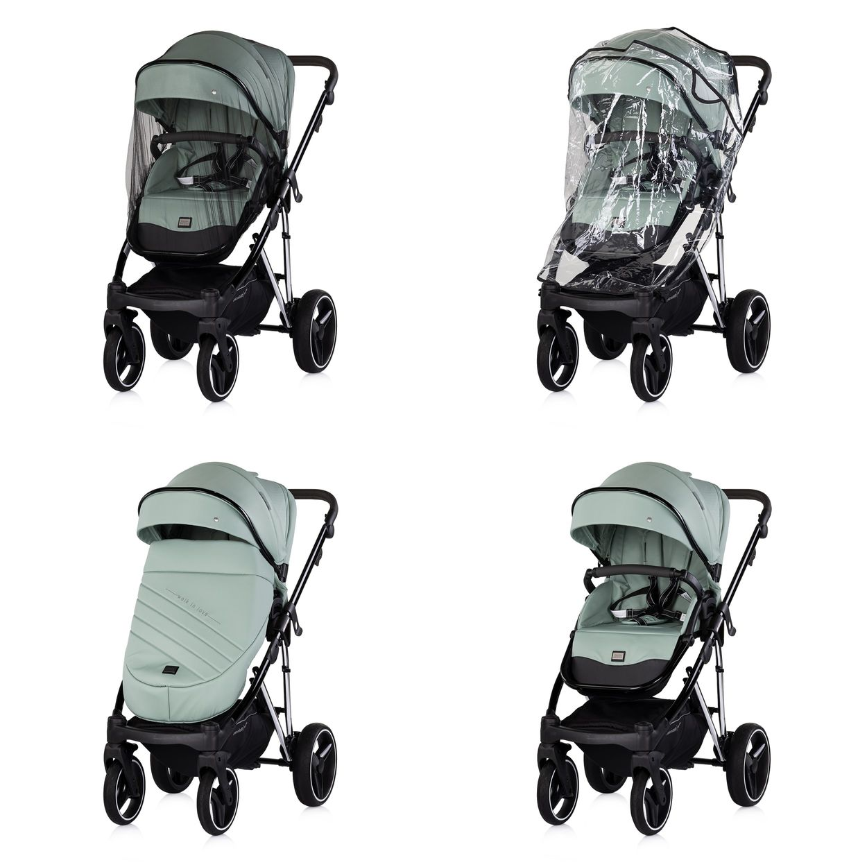 Kinderwagen in Mintgrün mit Moskitonetz und Regenschutz.