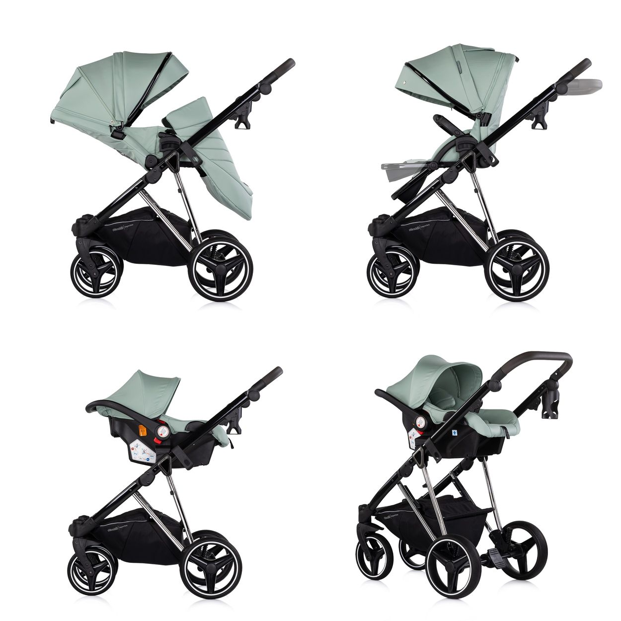 Vier Konfigurationen eines salbeigrünen Kinderwagens mit schwarzem Rahmen.