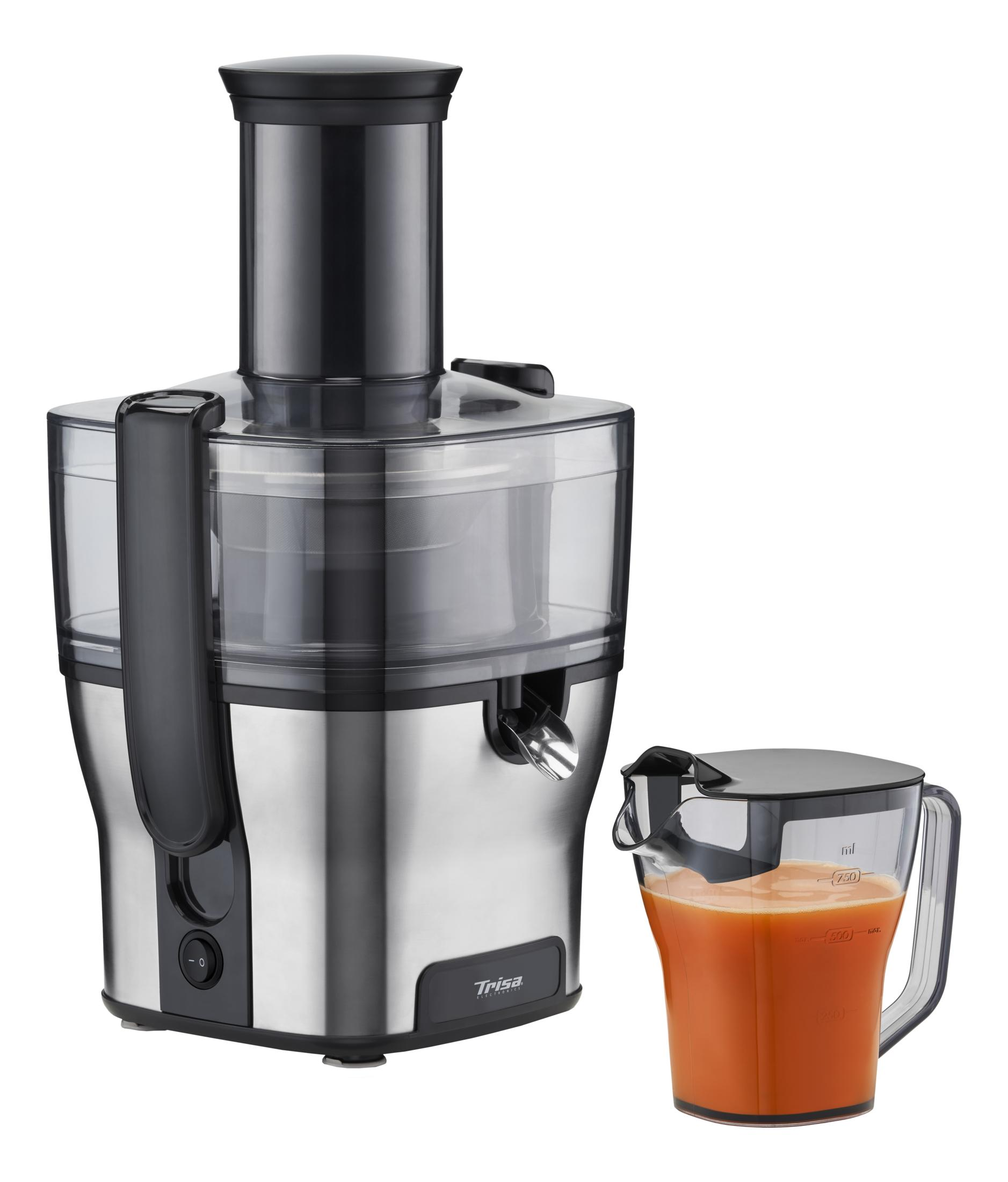 Edelstahl-Entsafter mit schwarzem Deckel und Krug mit Orangensaft.