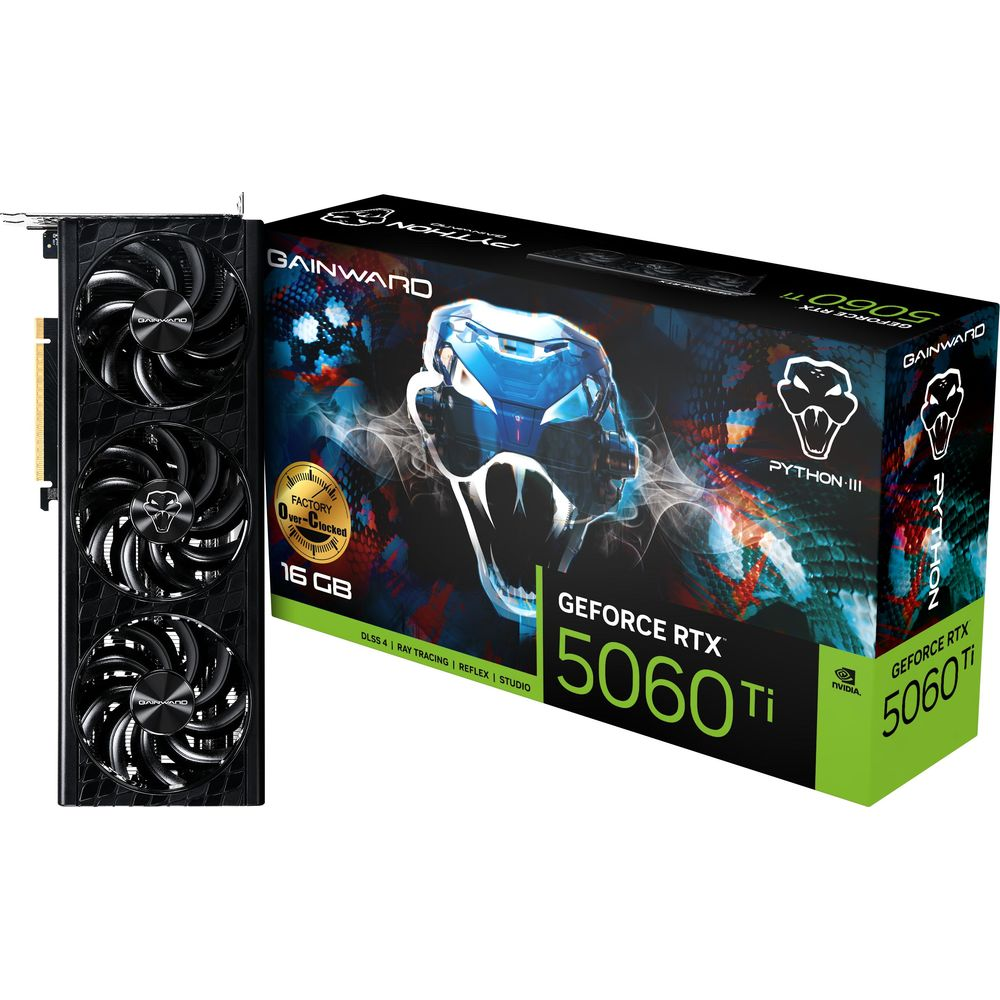 Karta graficzna Gainward RTX 5060 Ti i opakowanie z motywem węża.