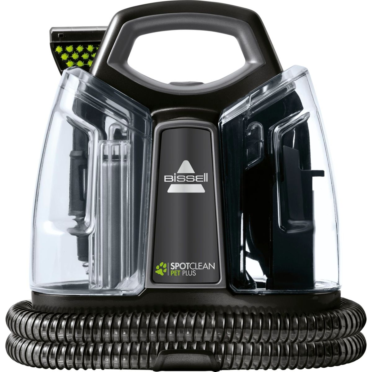 Schwarzer Bissell SpotClean Pet Plus Teppichreiniger mit klaren Tanks und Schlauch.