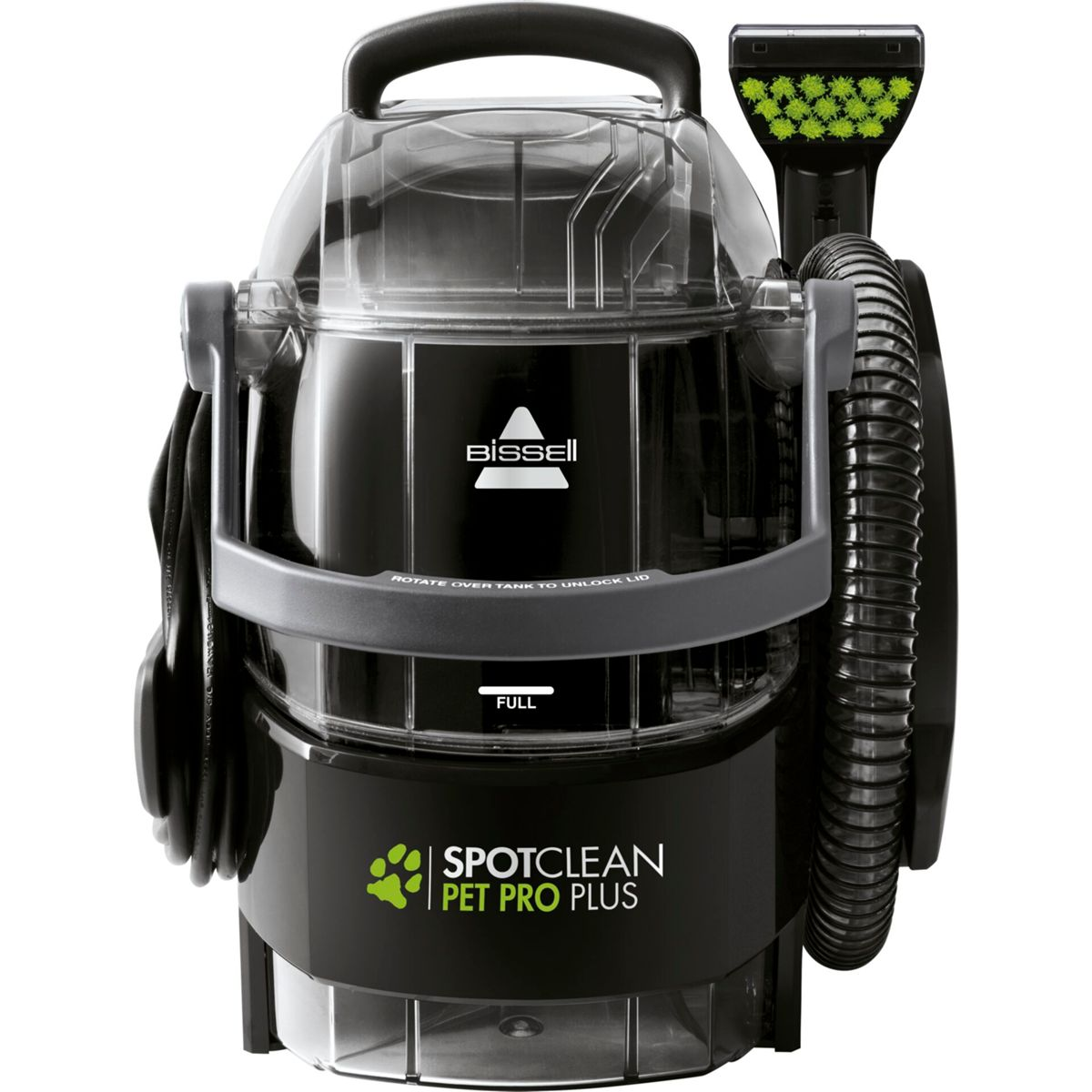 Un limpiador de alfombras Bissell SpotClean Pet Pro Plus negro con tanque transparente.