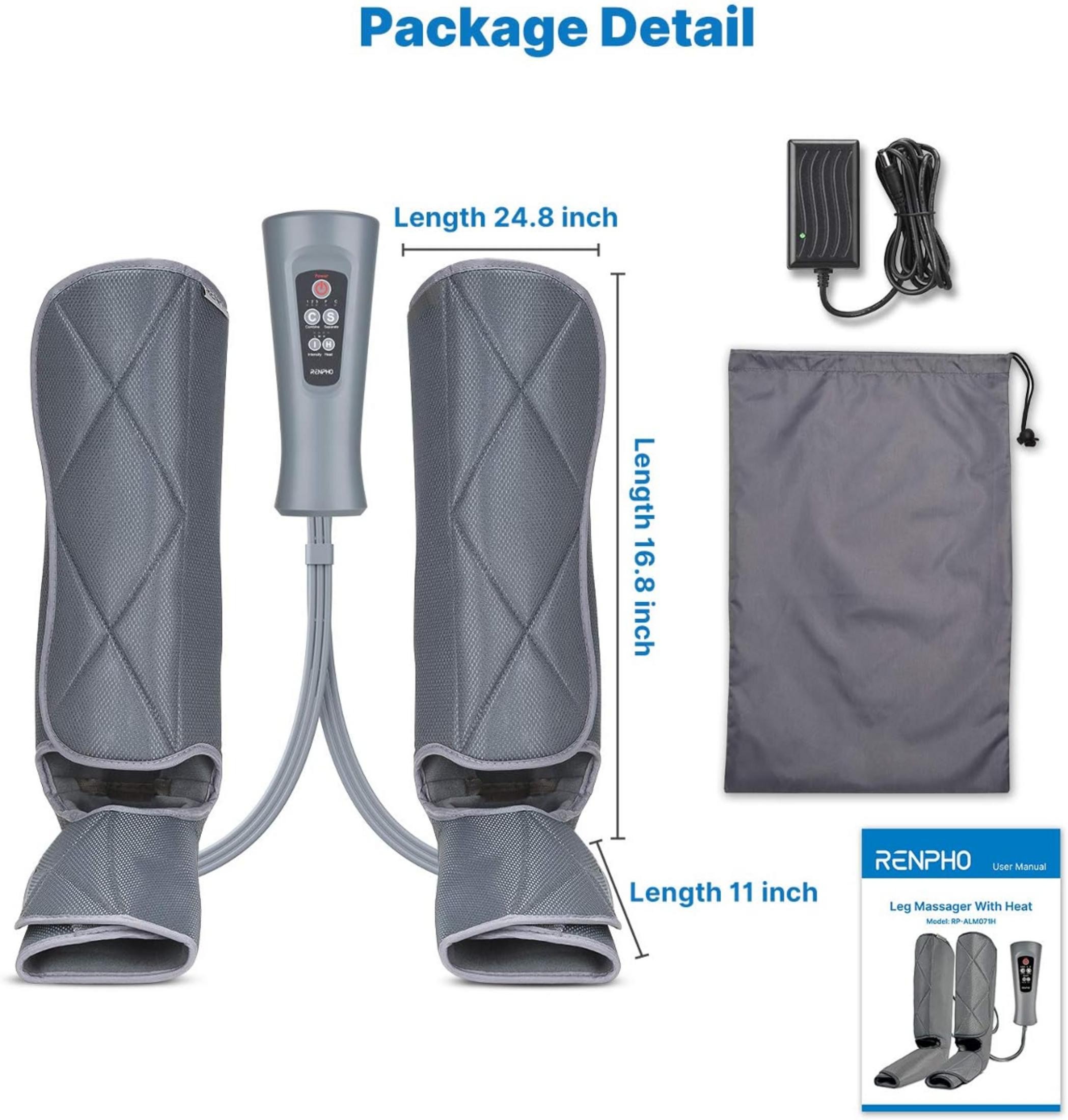 Graue Beinmassagegeräte mit Fernbedienung, Netzteil und Tasche.