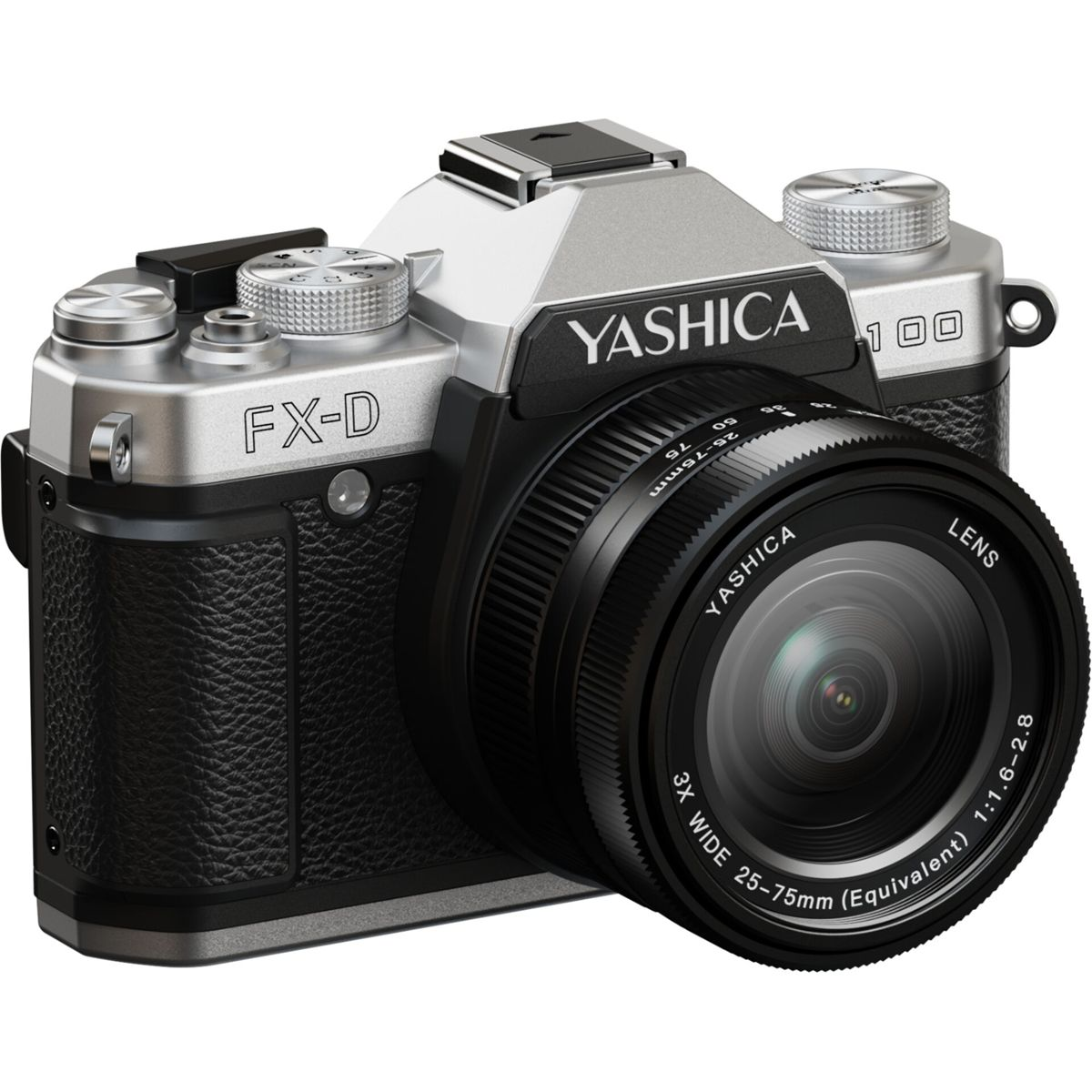 Una cámara Yashica FX-D plateada y negra con un objetivo de 25-75 mm.