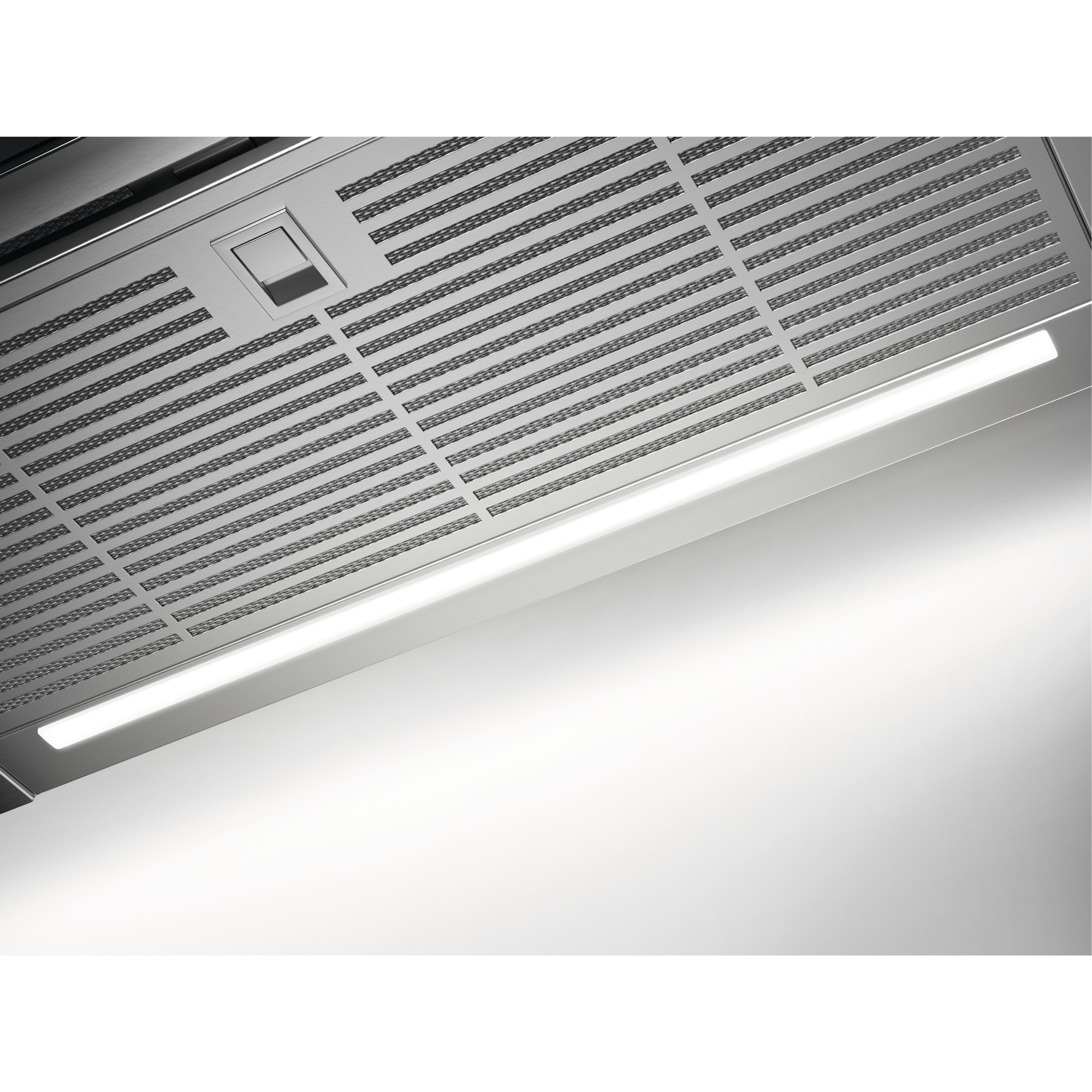 Cappa aspirante in acciaio inox con luce e interruttore rettangolare.