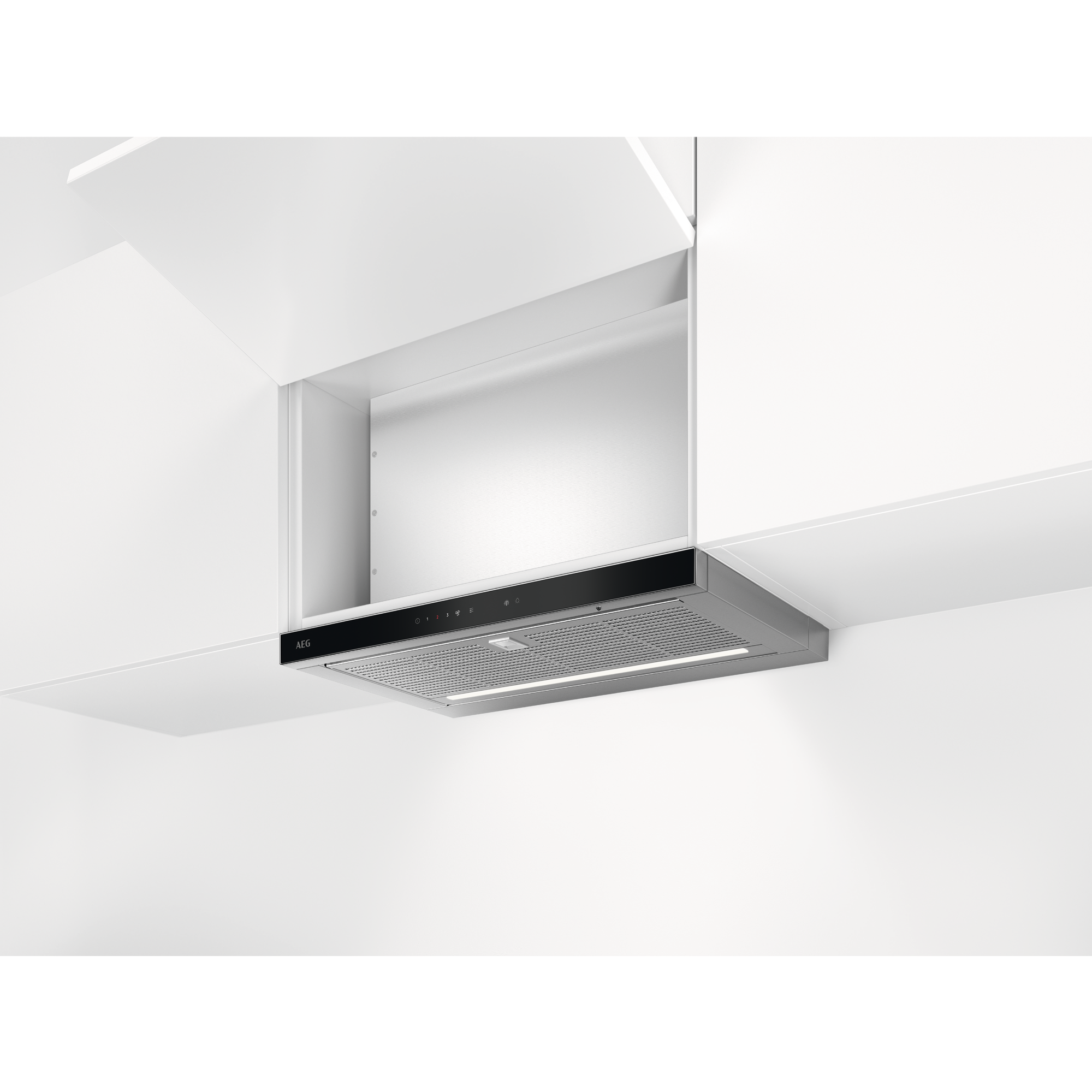 Una cappa AEG con pannello touch control e illuminazione integrata.
