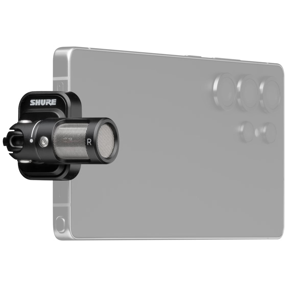 Czarny mikrofon Shure jest przymocowany do szarego smartfona.