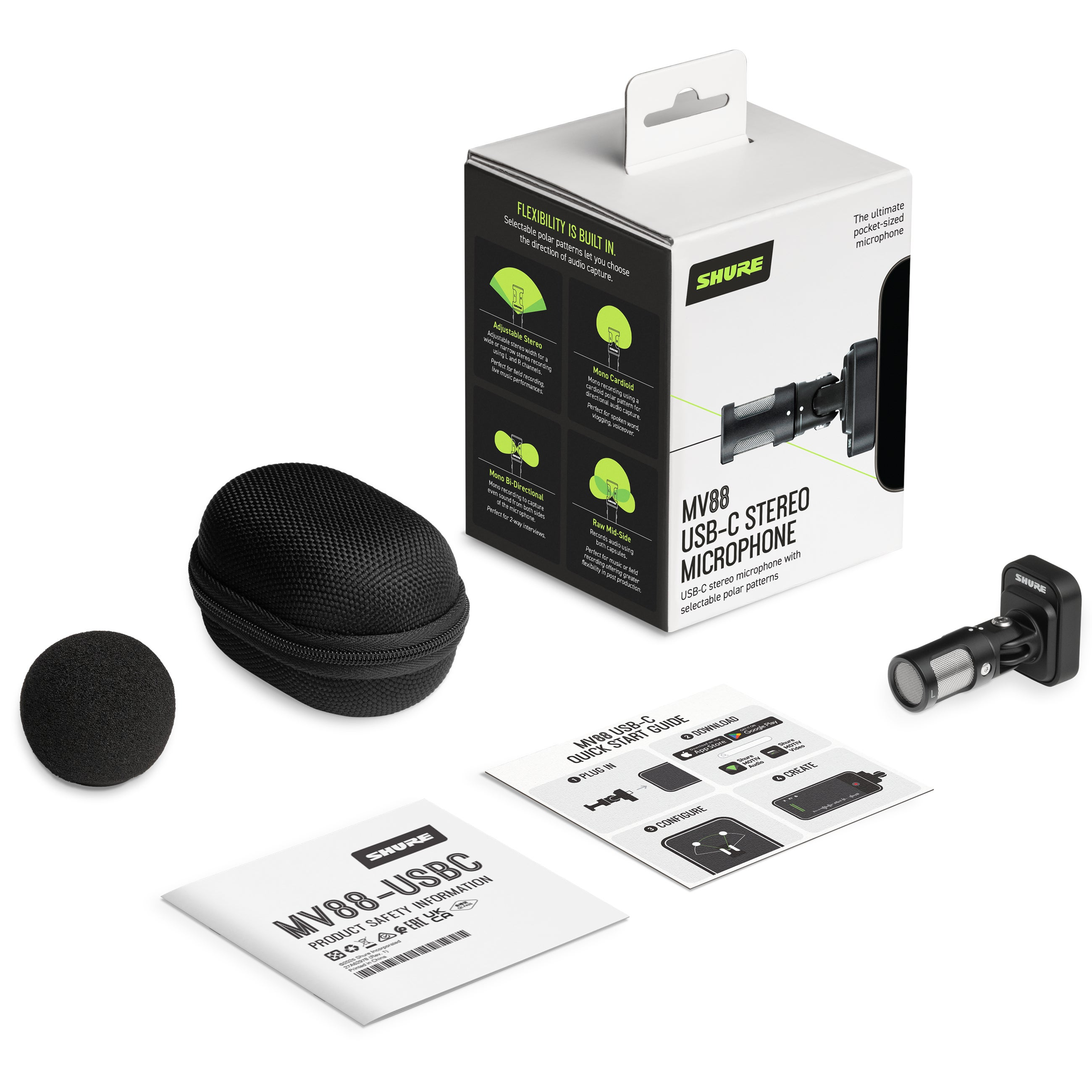 Mikrofon Shure MV88 USB-C z akcesoriami, opakowaniem i instrukcją.