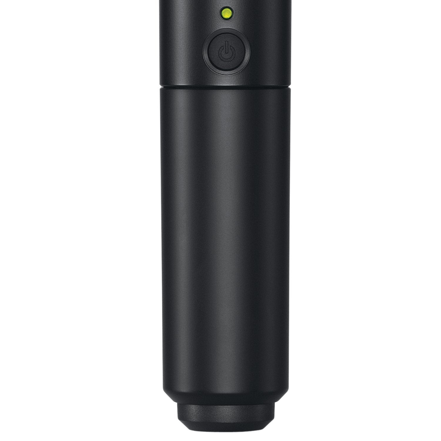 Microfono nero con pulsante di accensione e LED verde.