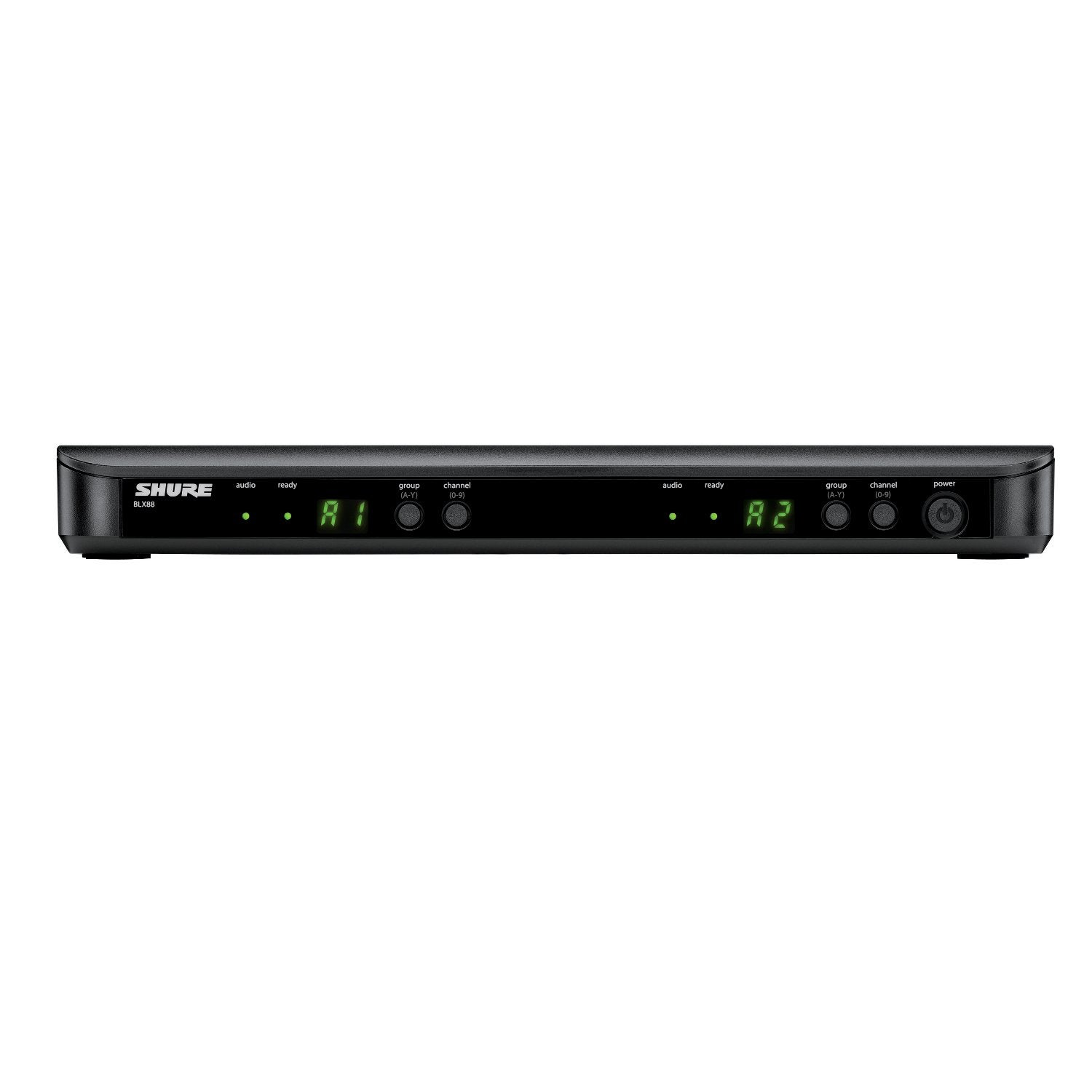 Ein schwarzer Shure BLX88 Empfänger mit Anzeigen für Audio, Bereitschaft, Gruppe und Kanal.