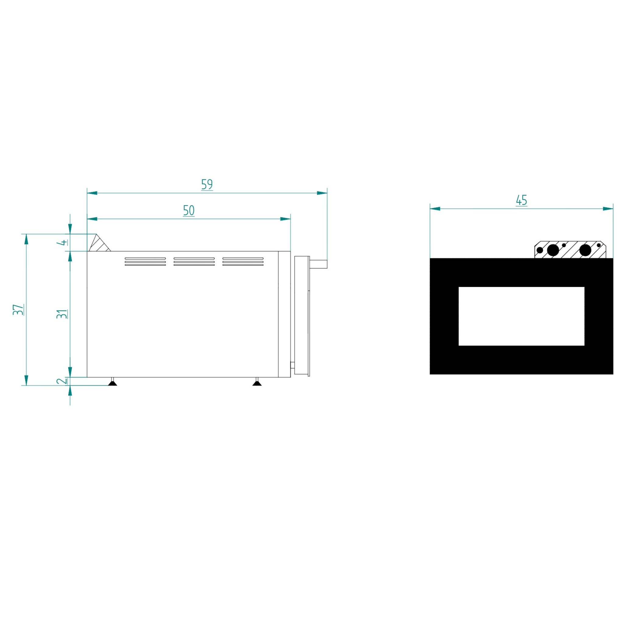 Disegno tecnico con dimensioni: vista laterale e dall'alto di un dispositivo.