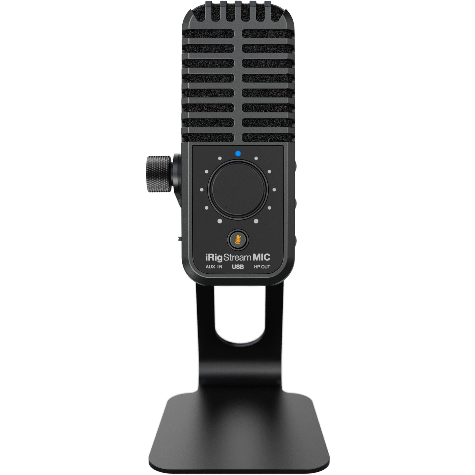 Microfono nero con manopole, pulsanti e indicatore LED su supporto.