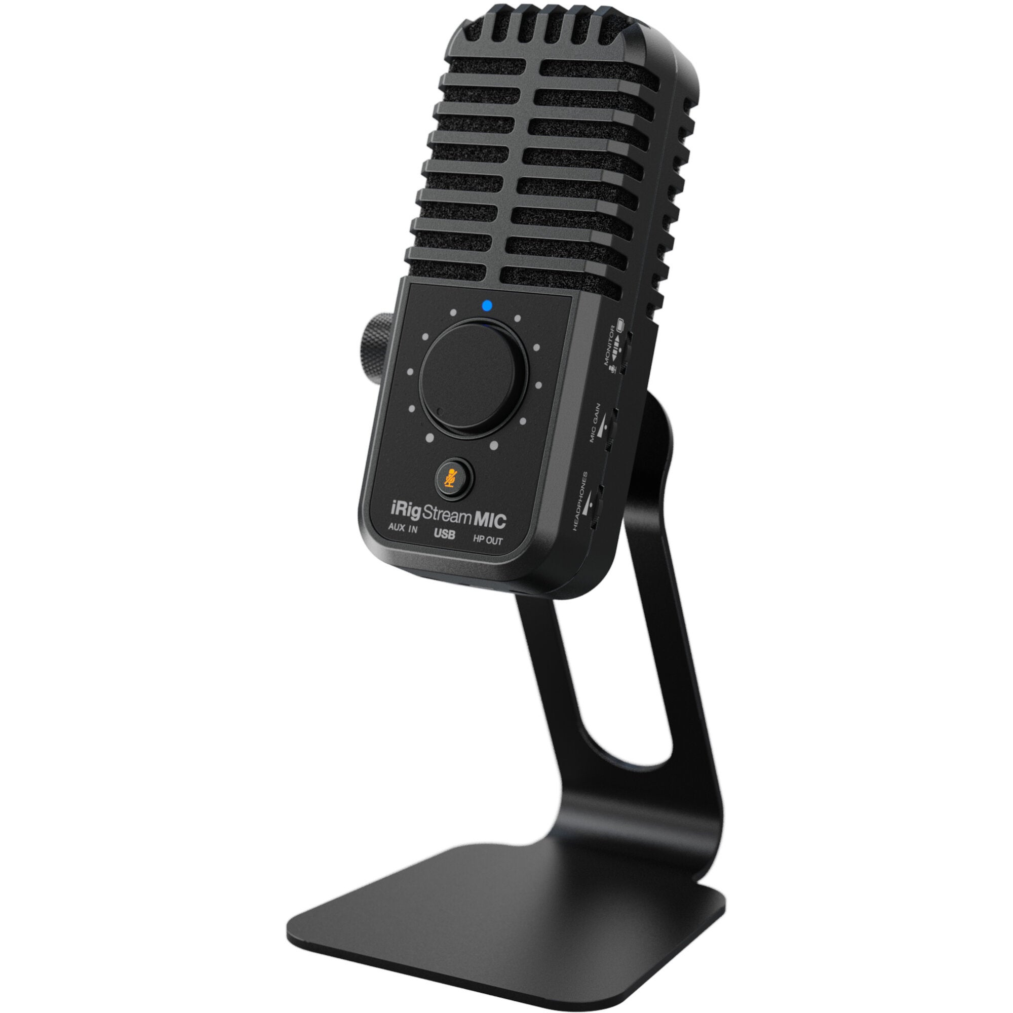 Un microfono nero con supporto, etichettato "iRig Stream MIC".