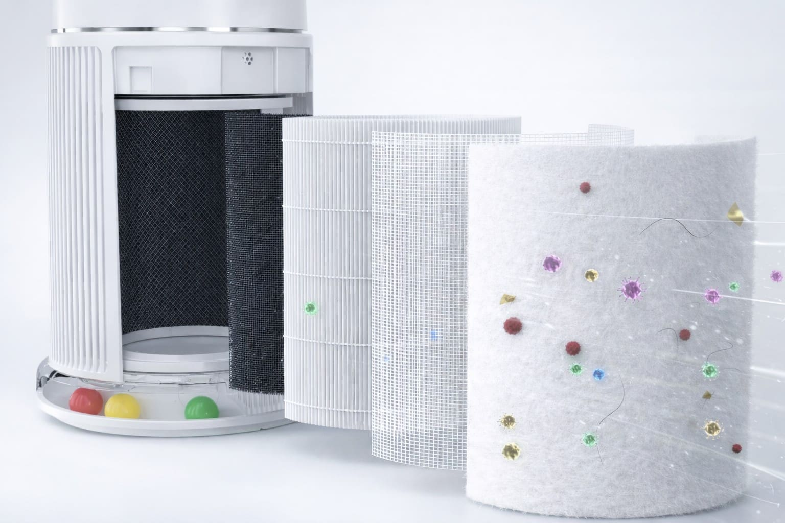 Purificateur d'air avec plusieurs filtres et particules illustrées comme des virus et des cheveux.
