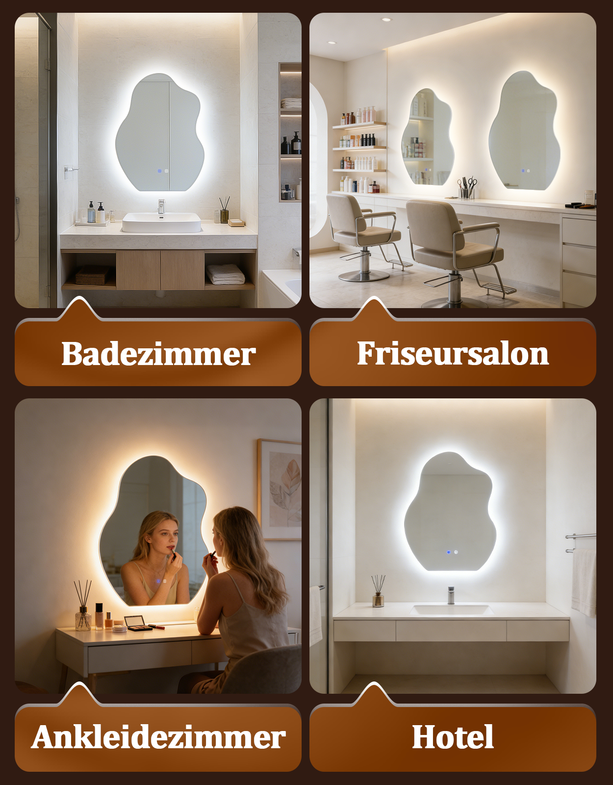 Cuatro imágenes muestran un baño, una peluquería, un vestidor y un baño de hotel.