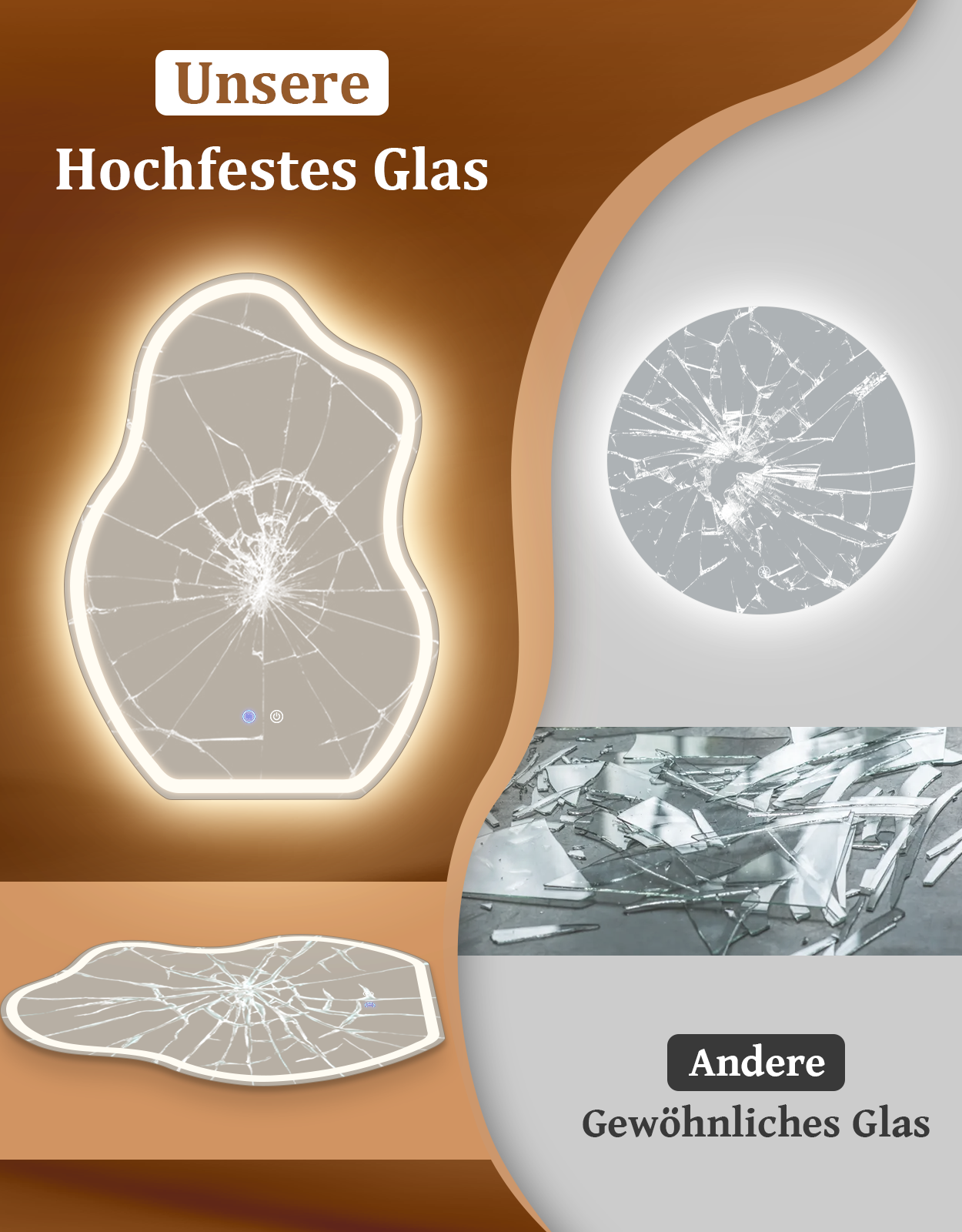 Un espejo roto e iluminado de forma irregular y un círculo de fragmentos.