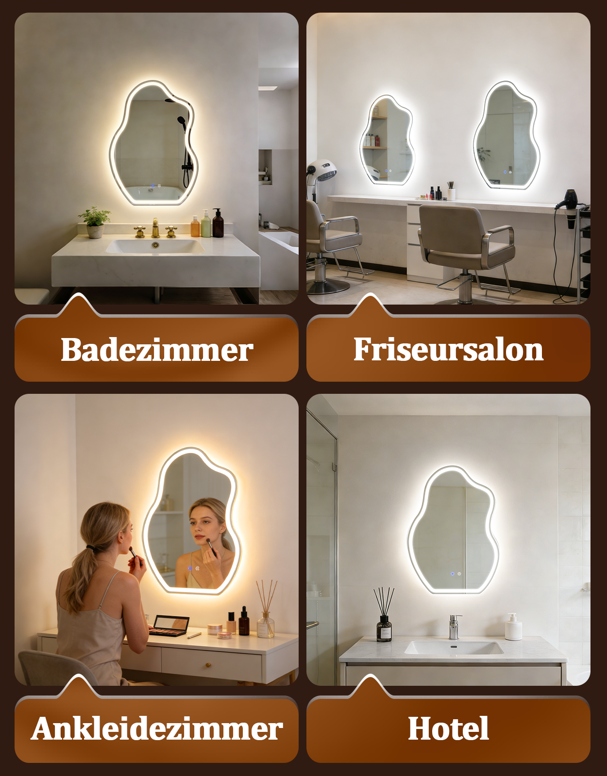 Baño, peluquería, vestidor y hotel con espejos iluminados.