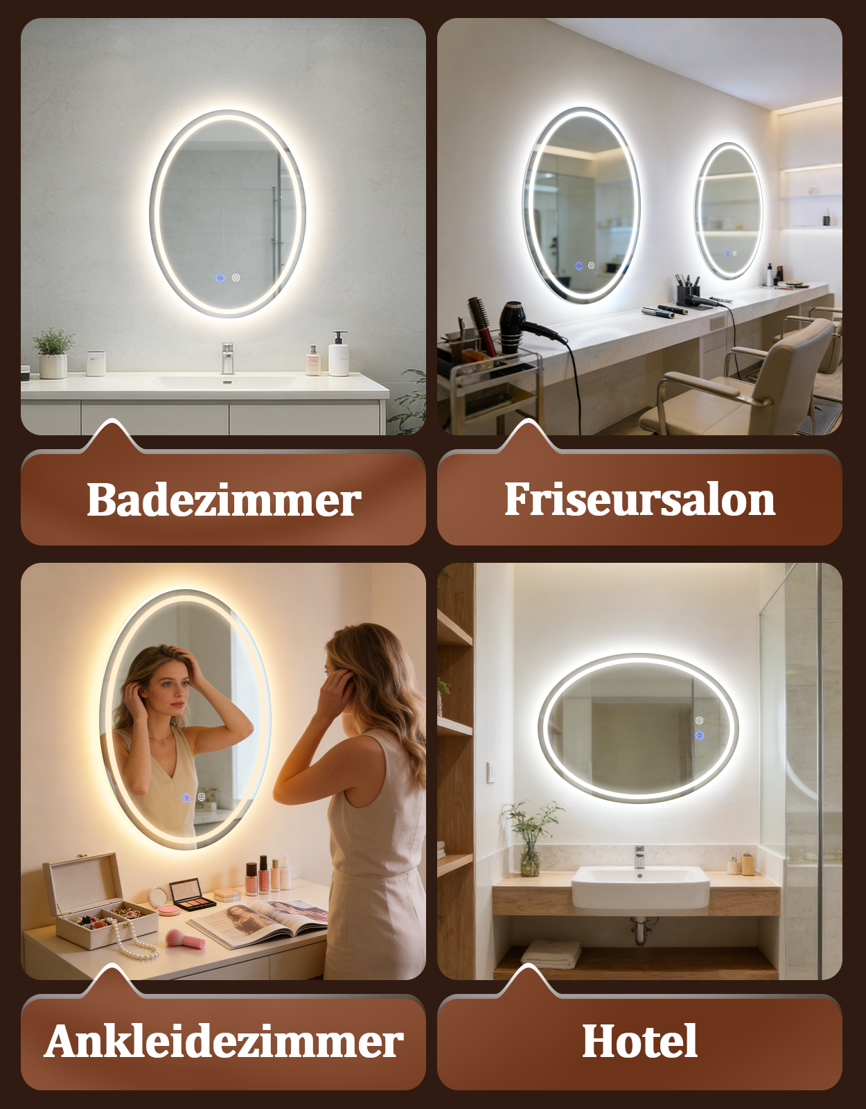 Cztery sceny: Łazienka, Salon fryzjerski, Garderoba, Hotel.