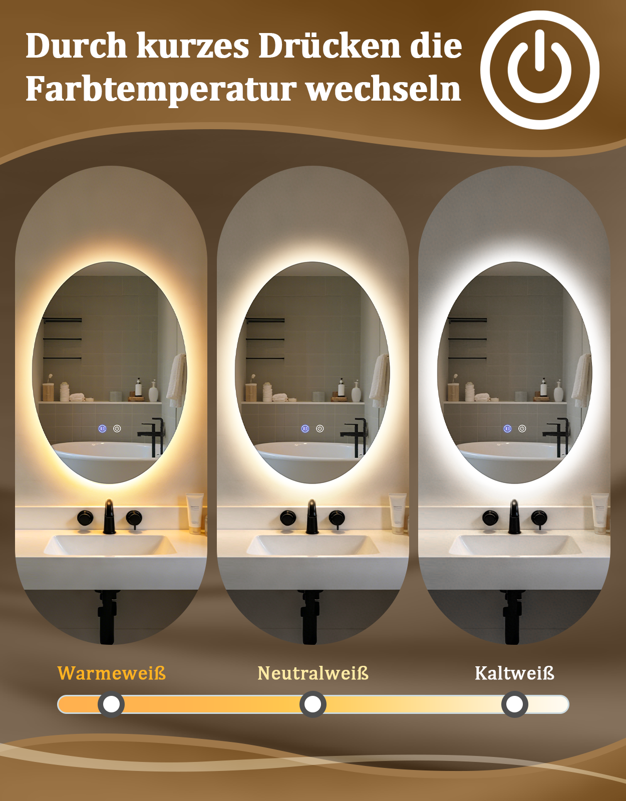 Espejo de baño con tres opciones de temperatura de color de luz: cálida, neutra, fría.