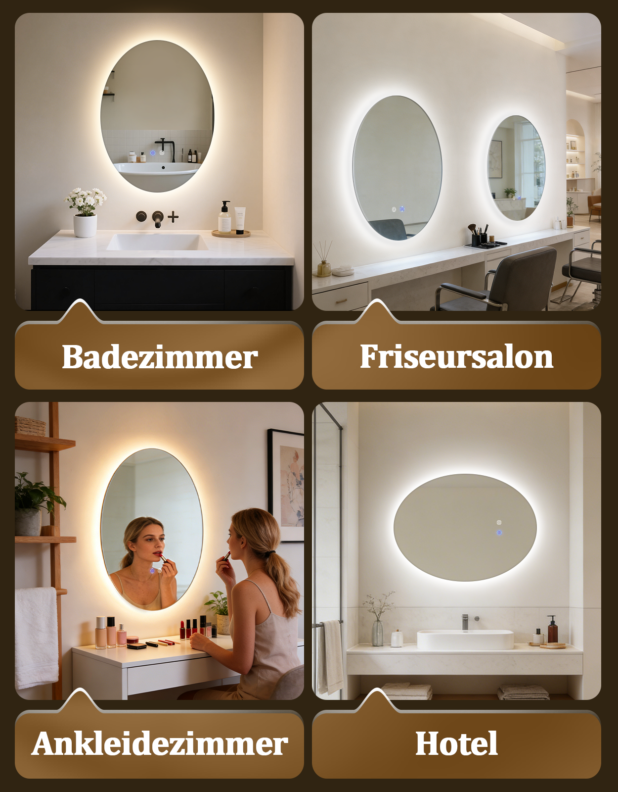 Un baño con espejo ovalado, lavabo y grifo.