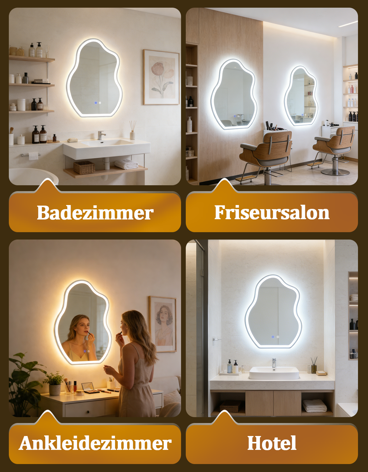 Cuatro estancias: baño, peluquería, vestidor y hotel. Todas con iluminación moderna.