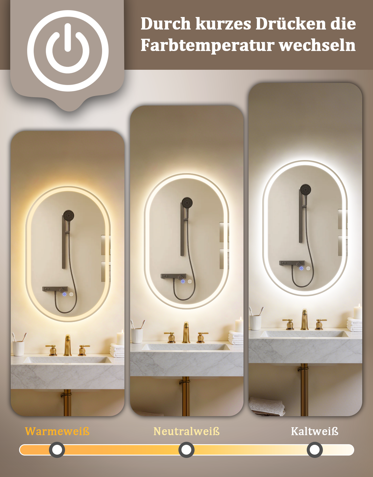 Espejo de baño con tres ajustes de luz: blanco cálido, blanco neutro y blanco frío.