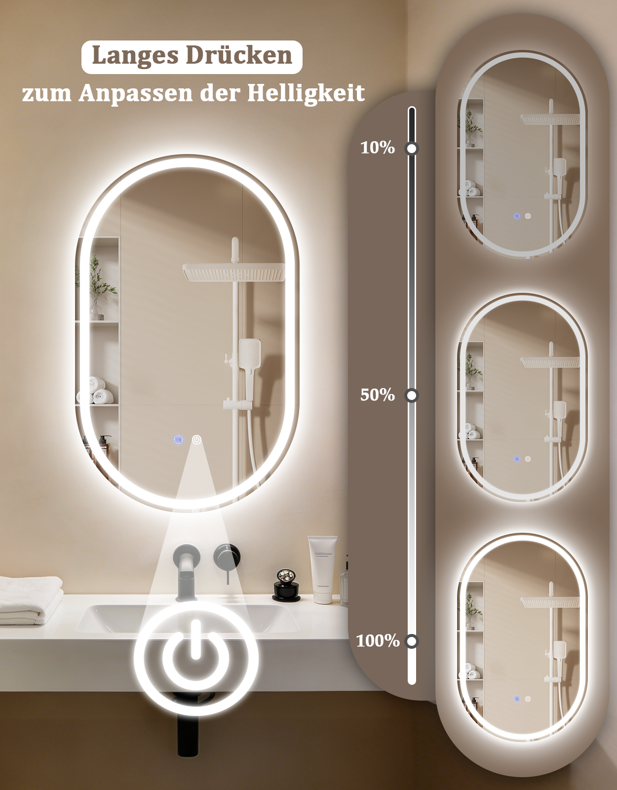 Espejo ovalado con luz, brillo 10%-100%. Baño con ducha.