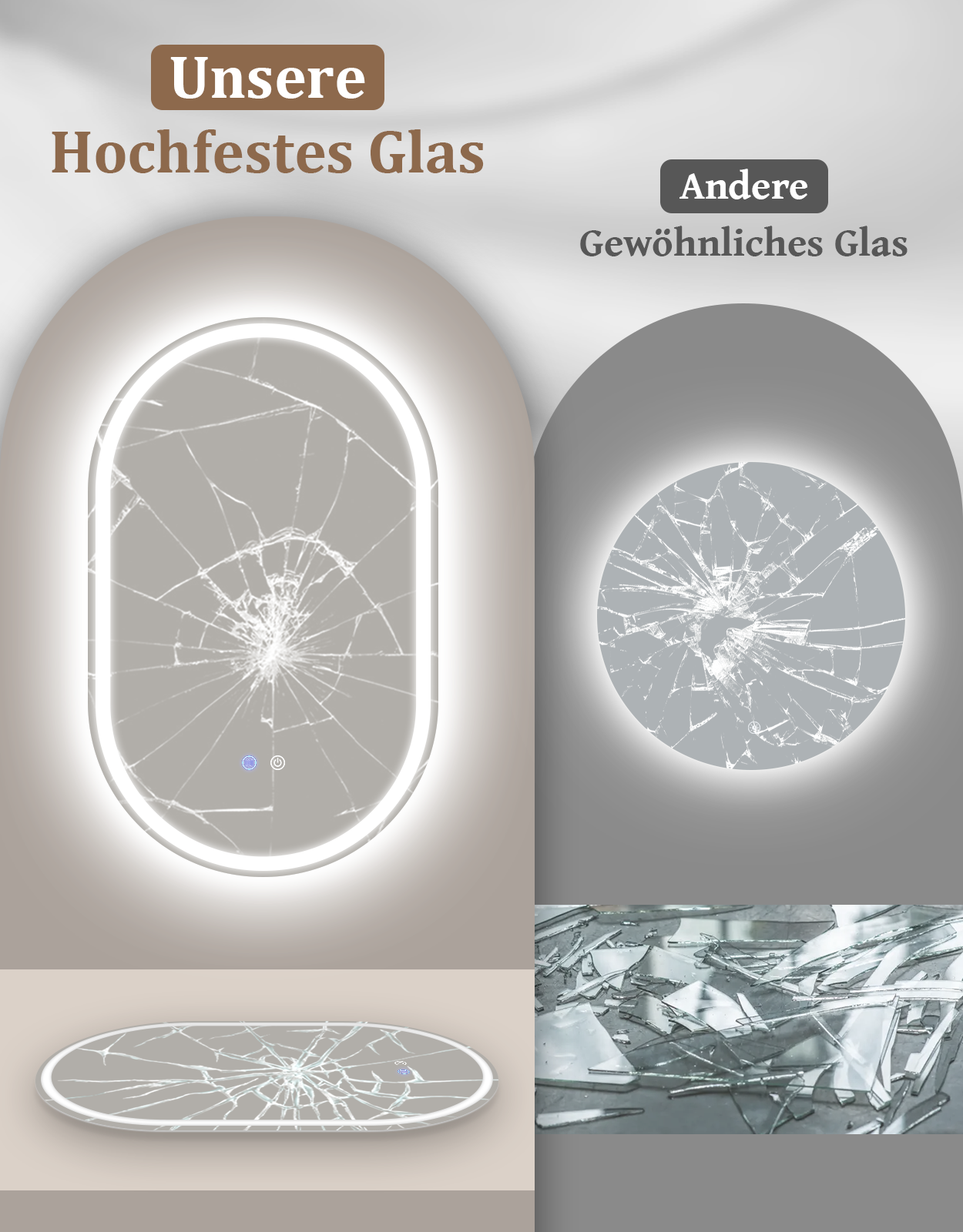 Espejos ovalados y redondos agrietados con luces, junto a un montón de fragmentos de vidrio.