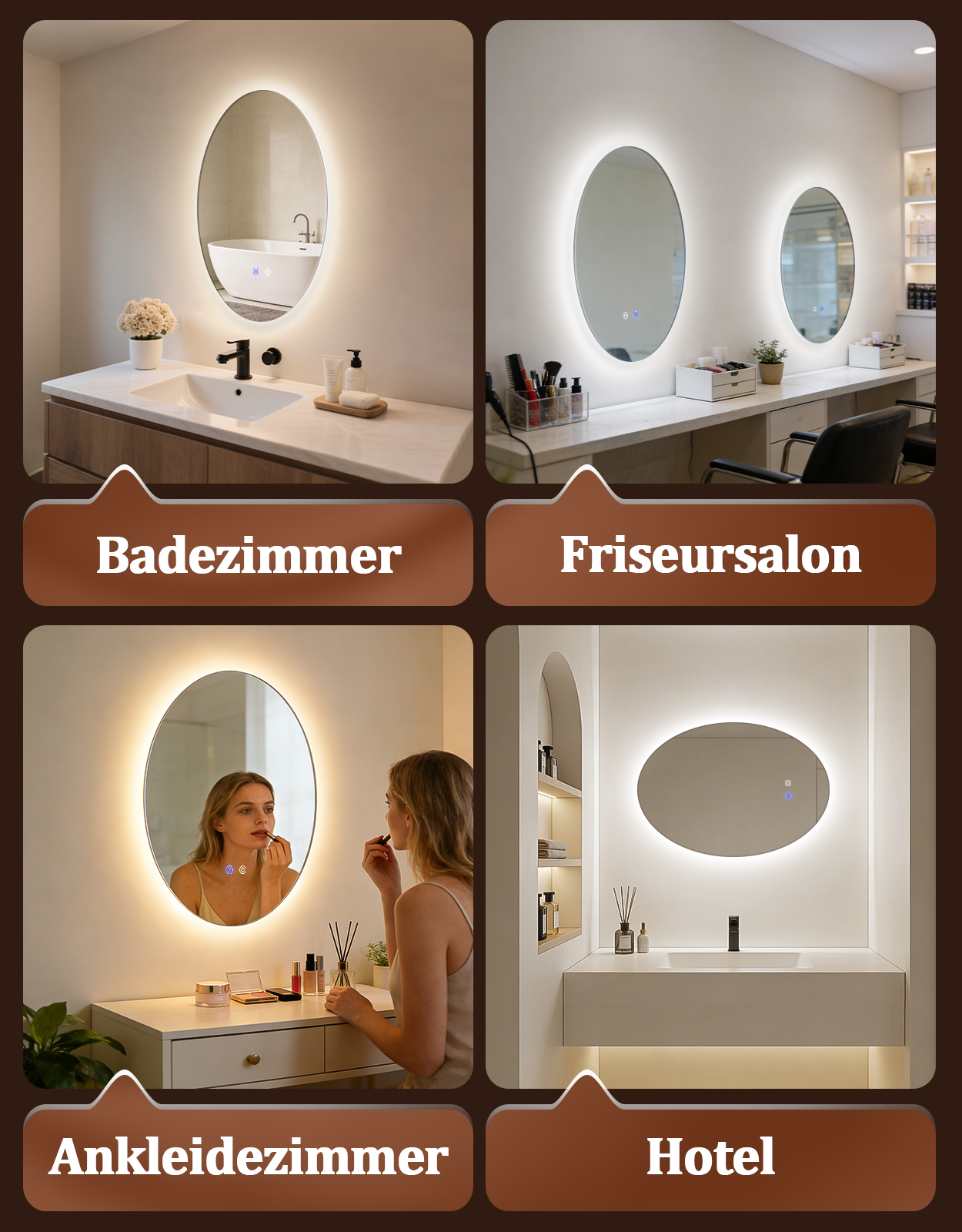 Cuatro escenas: baño, peluquería, vestidor y hotel con espejos iluminados.