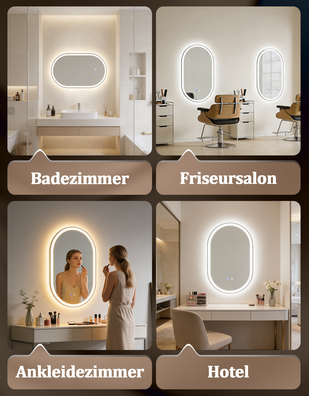 Cuatro imágenes muestran un espejo iluminado en baño, salón, vestidor y hotel.