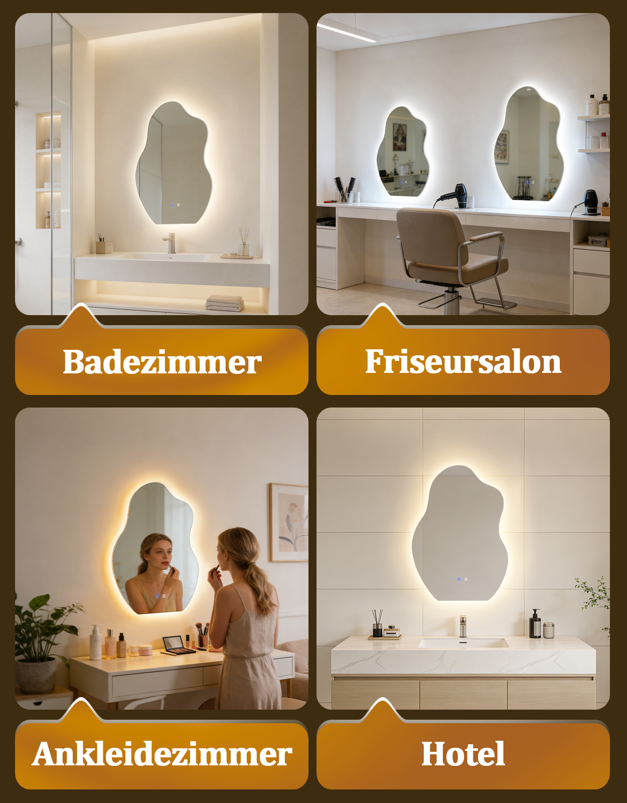 Cuatro imágenes muestran un baño, salón de peluquería, vestidor y hotel.