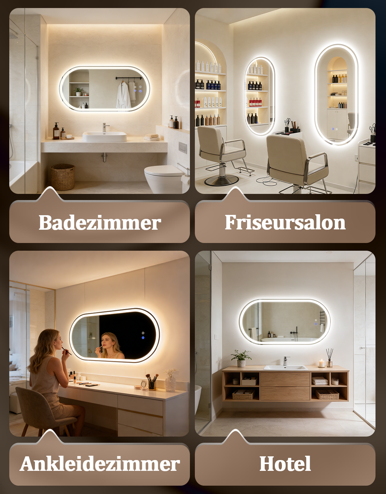 Cuatro escenas: baño, salón de peluquería, vestidor y baño de hotel, todos con espejos.
